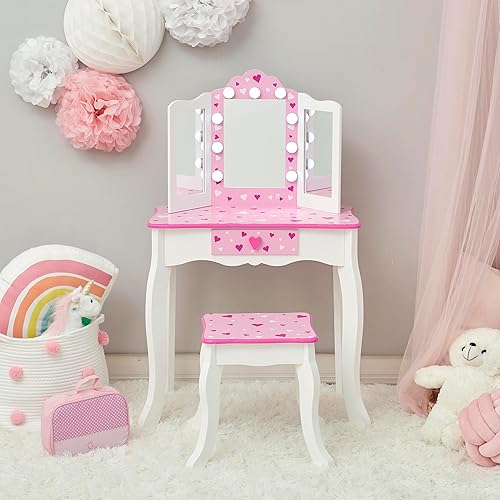 Miniatura 2 de Teamson Kids Juego de tocador para niñas con luces LED, espejo de tres pliegues, taburete y cajón, mesa de maquillaje para niños pequeños, diseño de