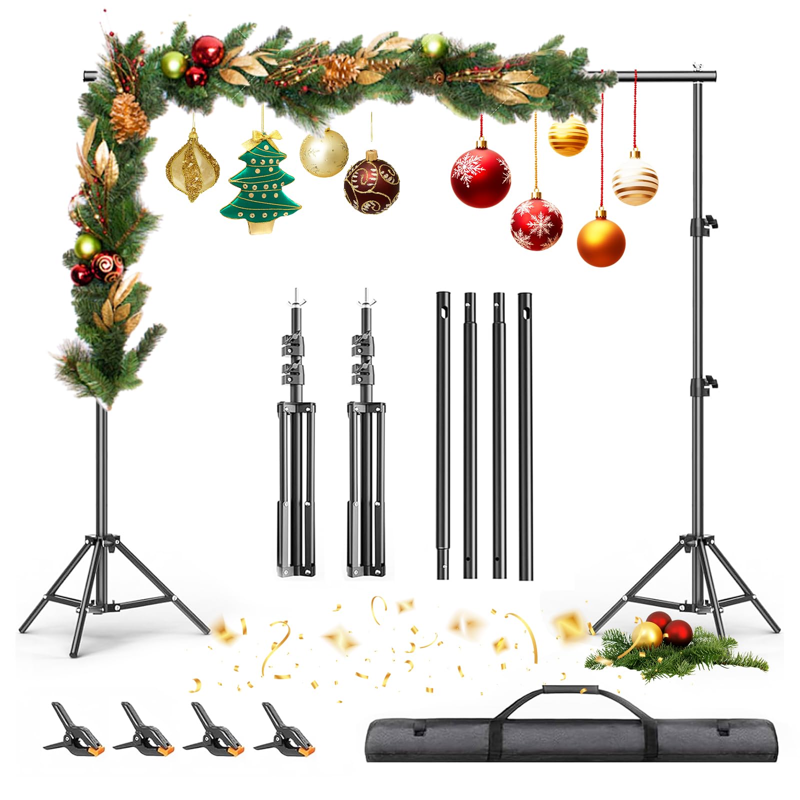 Soporte de telón de fondo de 6.5 x 6.5 pies, kit de sistema de soporte de fondo de fotografía ajustable con 4 abrazaderas y bolsa de transporte para fiestas, bodas, fotografía, decoración de