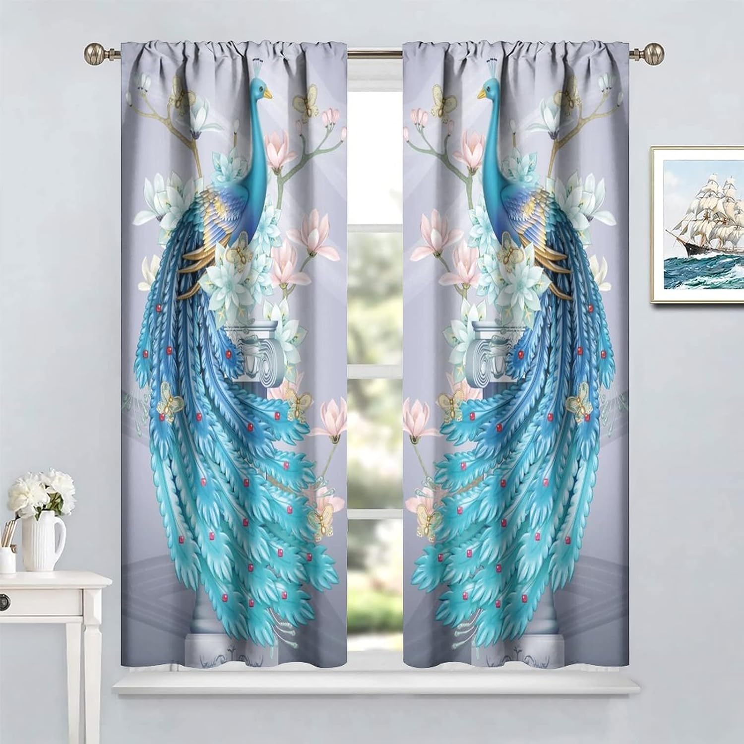 Blue Peacock Curtains, Elegant Peacock Feather Blackout Luxurious Curtain Panel for Living Room Peacock Decorations for Home, Floral Print Peacock Home Decoration Window Treatment 2 Panel, 42x54 Inch