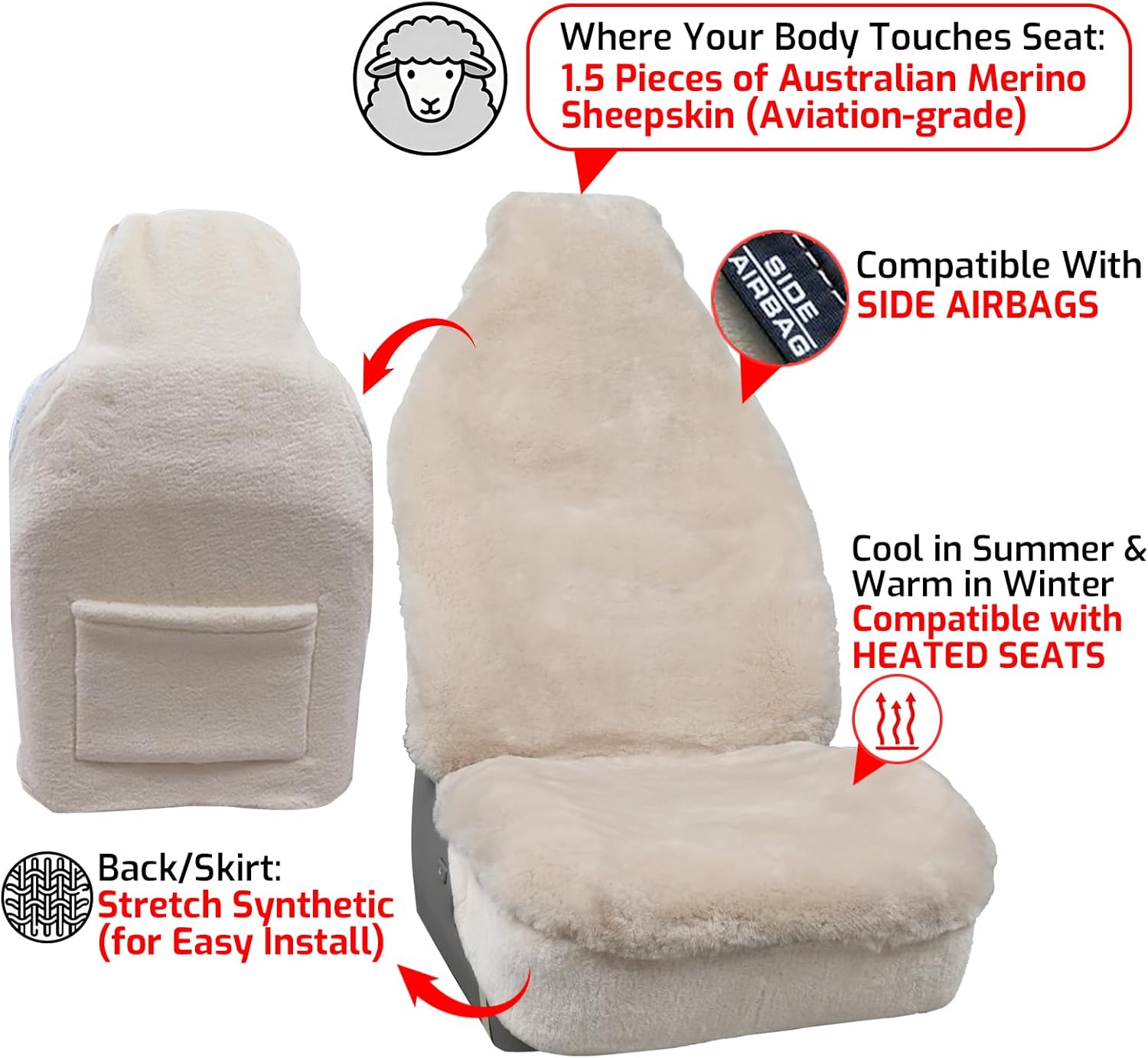 Aegis Cover Premium Sheepskin Car Seat Cover Australian Merino Wool, Easy-Install Summer & Winter, Universal Fit for SUV Truck Sedan Most Vehicles (Sand) - Image 5