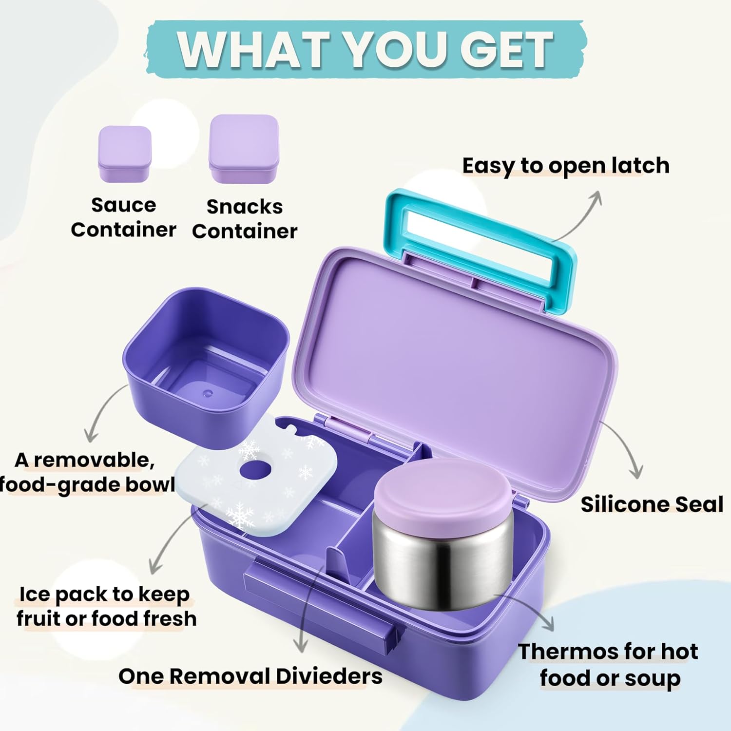 PIQUEBAR Kids Lunch Bento Box with 8oz Thermo Ice Pack Food Container with Insulated Lunch Bag, Insulated Water Bottle with Straw for Girls Boys, (A-Purple)