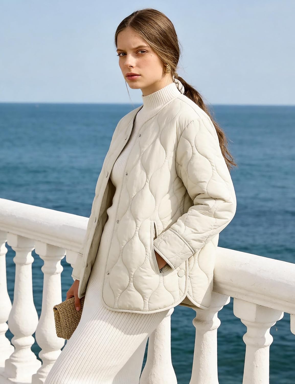 Flygo Women's Oversized Quilted Lightweight Jacket Button Down Puffer Padded Outerwear with Pocket