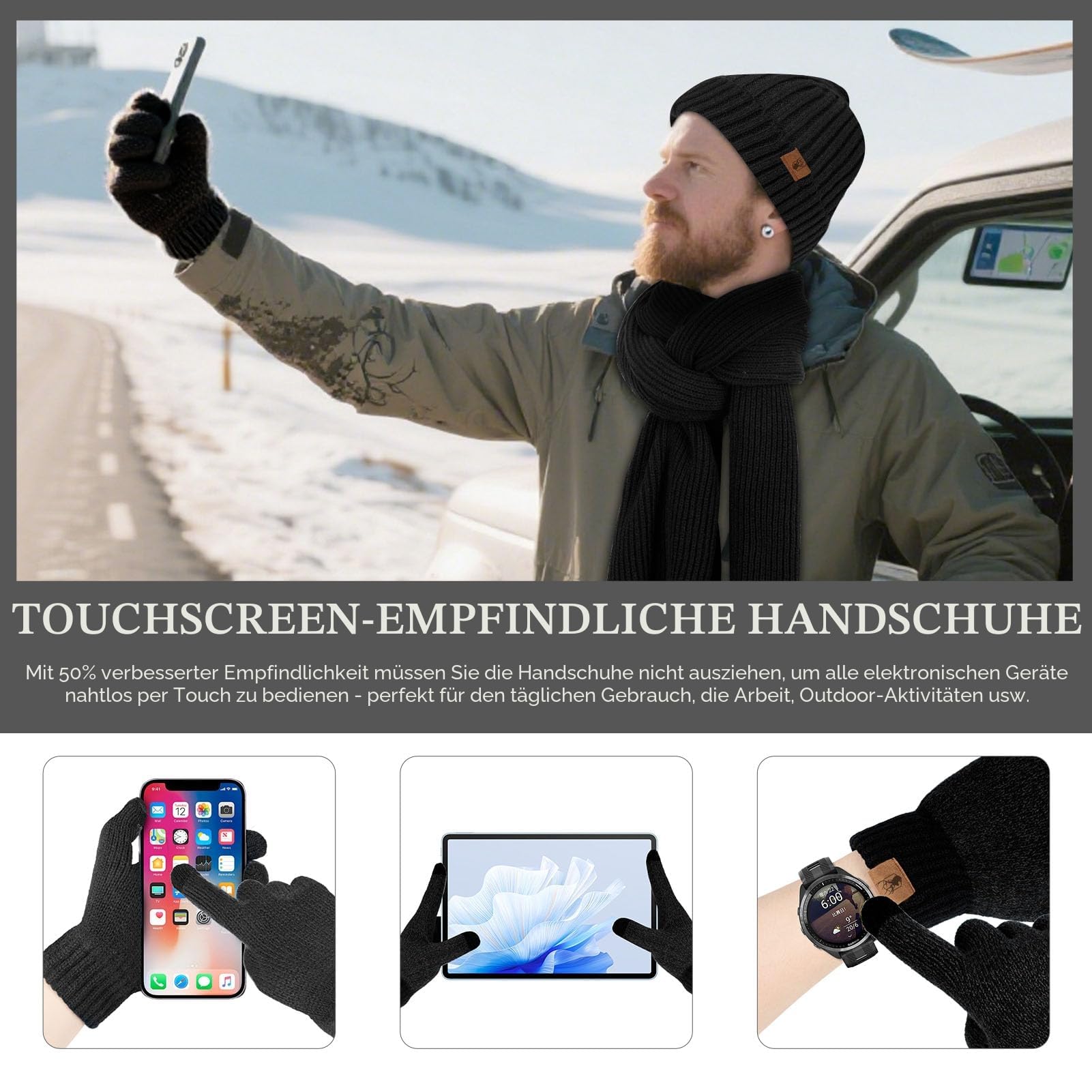 Mütze Schal und Touchscreen Handschuhe Set Wintermütze Thermohandschuhe Schal für Herren Strickmütze 3 STÜCKE Unisex Hüte für Damen Winter Accessoires für Herren Damen