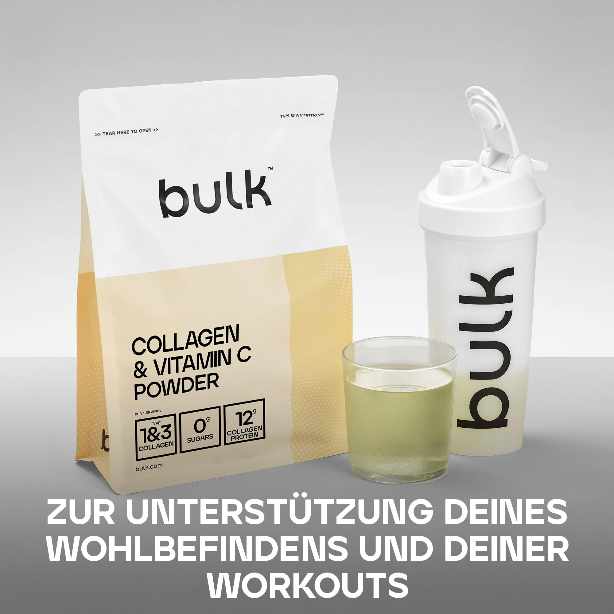 Bulk Kollagen und Vitamin C Pulver, 12.000 mg pro Portion, hydrolisierte Kollagenpeptide, Typ 1 und Typ 3, Kollagen Peptide, Geschmacksneutral, 2 kg, 132 Portionen