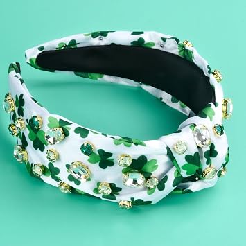 St.Patrick's Day Headbands for Women Rhinestone Beaded Top Knot Headband Green Shamrock Crystal Wide Lucky Leaf Knotted Headband St Patricks Day Hair Accessories Gifts (Shamrock-A)