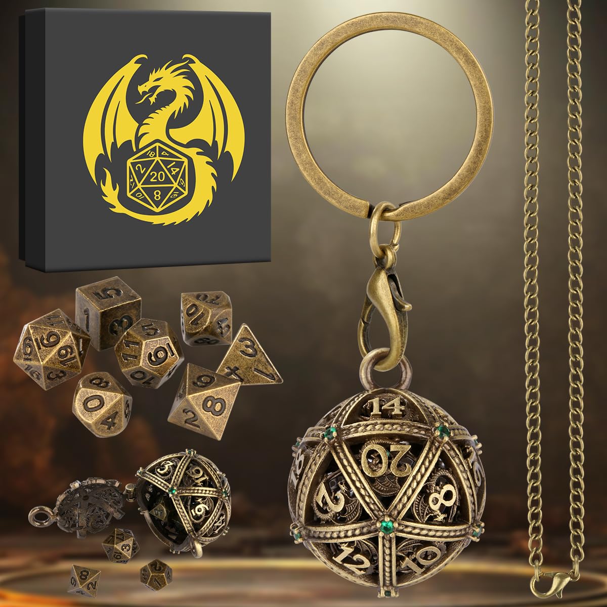 Mini DND Dice Set including Keychain Necklace Pocket Chain Spherical Hollow D20 Metal Case - Image 4