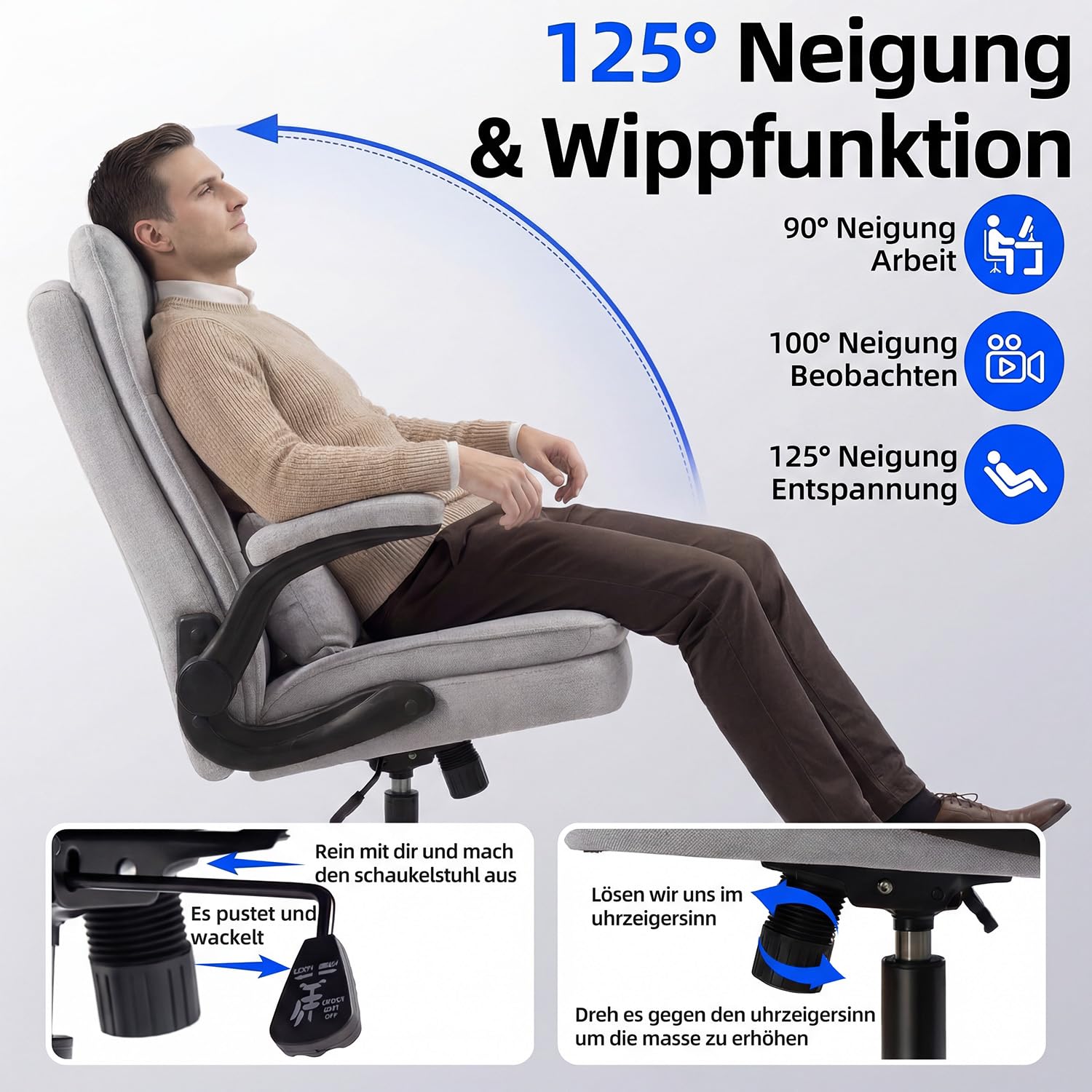 Bürostuhl Ergonomisch [TESTSIEGER] Schreibtischstuhl | Atmungsaktiver Stoff & Hohe Rückenlehne | Höhenverstellbar & Wippfunktion | Chefsessel 150 Kg | Drehstuhl Mit Rollen | PC Stuhl Grau