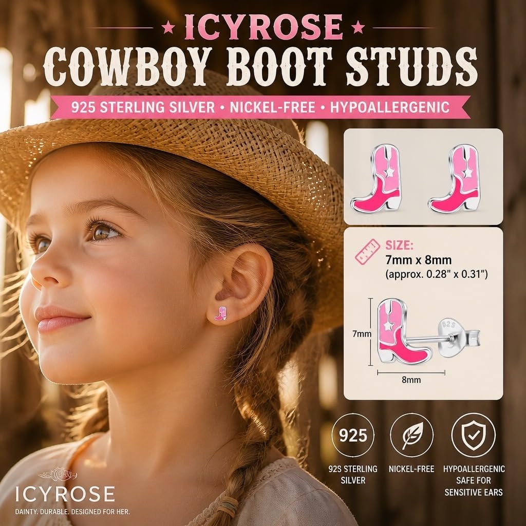 ICYROSE 925 Sterling Silver Cowboy Boot Little Dainty Stud Earrings for Small Earlobe or Second,Third Ear Piercings (Nickel Free)15589 16955 16956 29610