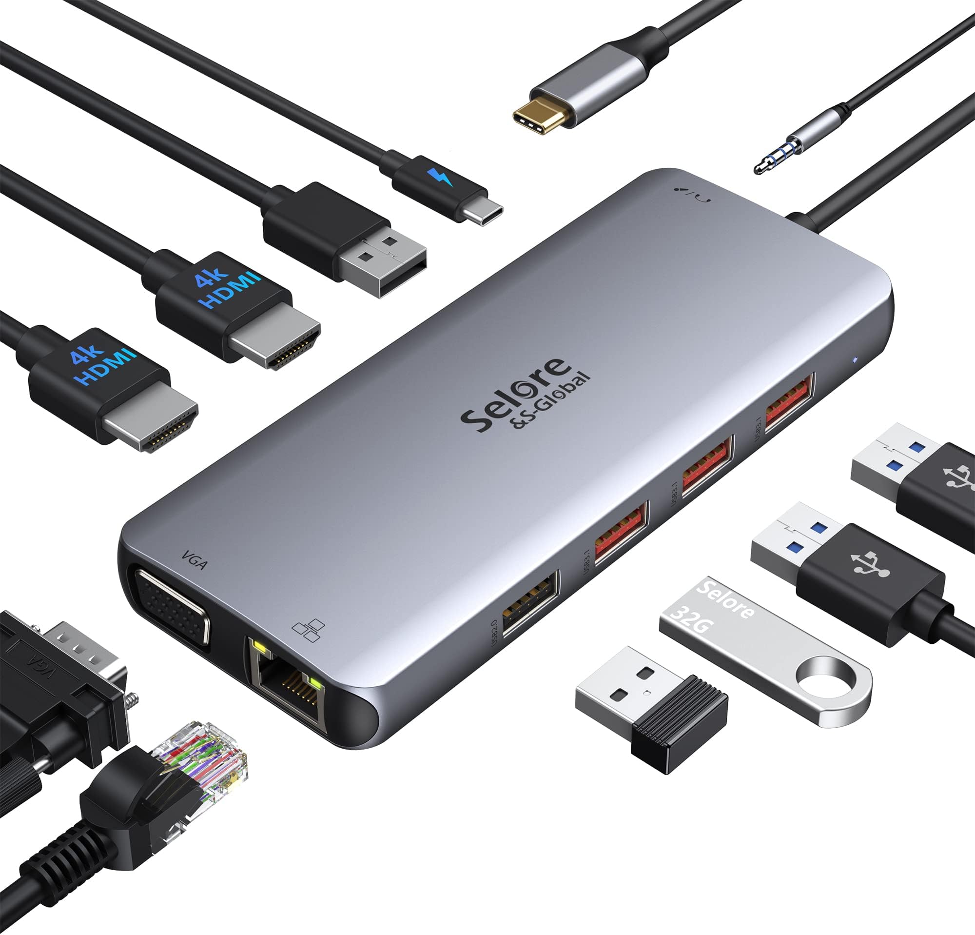 Lemorele Docking Station 14 In 1 USB-C/A 10Gbps, 3 Display, 2 HDMI 4K, VGA, Ethernet, PD 100W – Per Mac, PC E Steam Deck