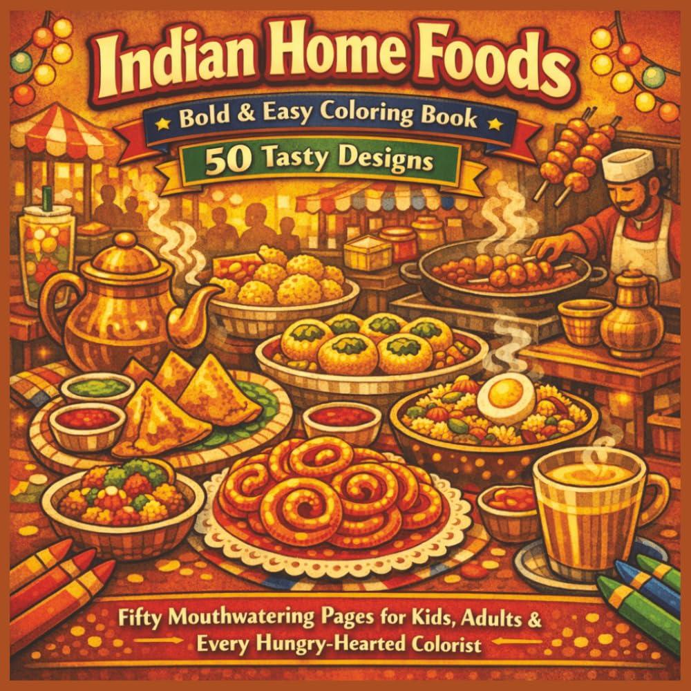 Indian Home Foods Bold & Easy Coloring Book 50 Tasty Designs: Fifty Mouthwatering Pages for Kids, Adults & Every Hungry-Hearted Colorist (Rohim's Colour Kaleidoscope)