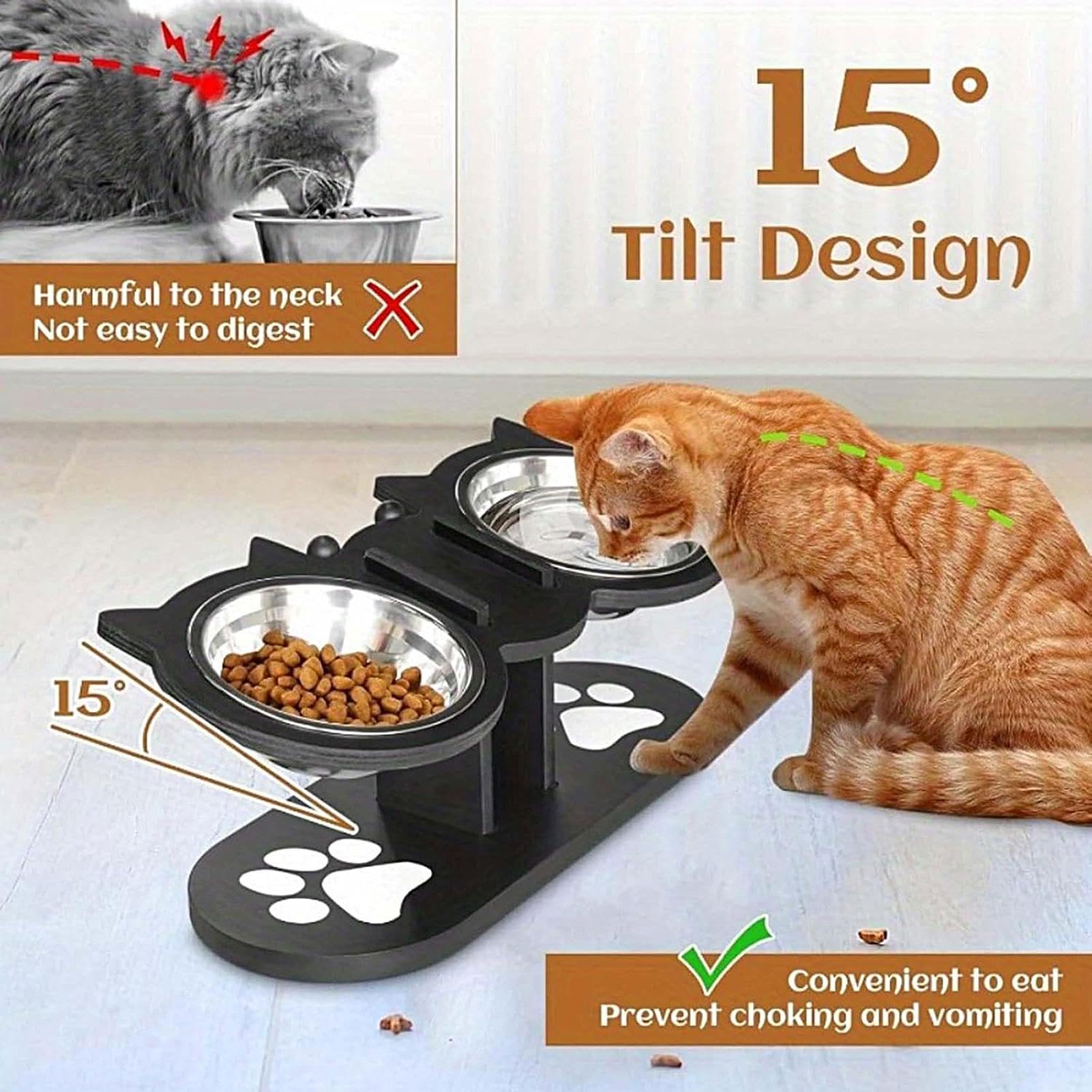 Rialzata Per Cani | Mangiatoia per Animali Domestici Inclinata di 15° Regolabile in Altezza con 3 Ciotole | d'Acqua Regolabile per Gatti | per Casa Cucina Soggiorno Balcone Esterni Campeggio