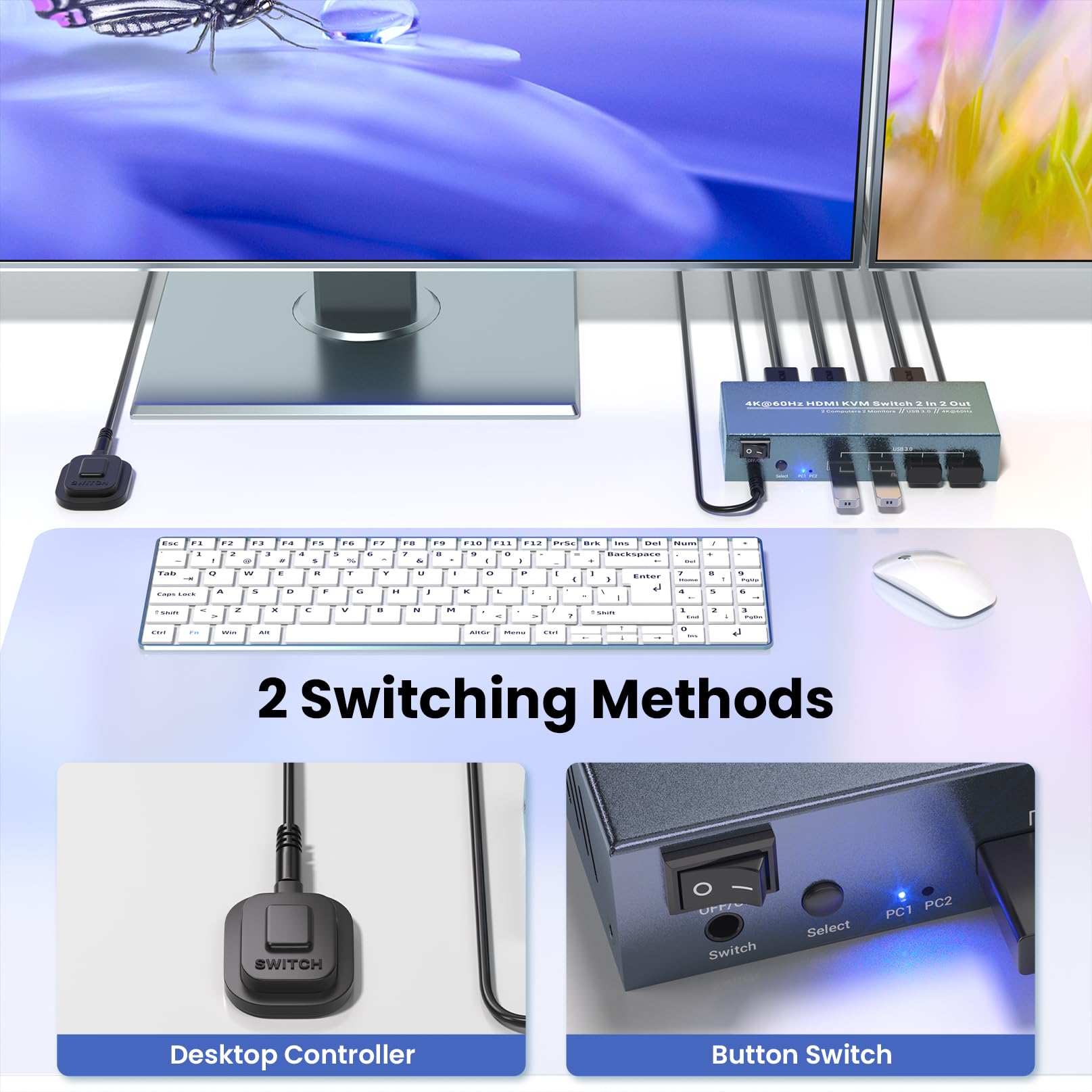 TCNEWCL KVM Switch HDMI 4 Port, 4K USB HDMI Umschalter für 4 Computer aktie 1 HD Monitor und 3 USB Geräten, Tastatur Mausdrucker Unterstützung, mit Fernbedienung und 2-in-1 Kabel