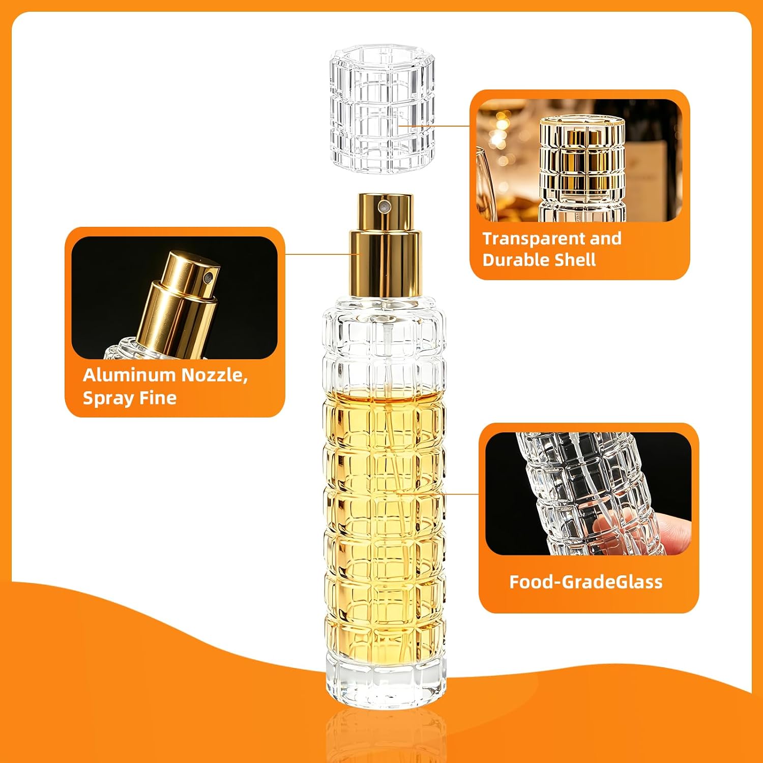 RAWILL 6-Pack Cocktail Atomizer Spray Bottle Set - 3 Gold & 3 Silver 1oz/30ml Bar Misters - Refillable Glass Fine Mist Sprayer for Vermouth, Bitters & Absinthe - with Funnels