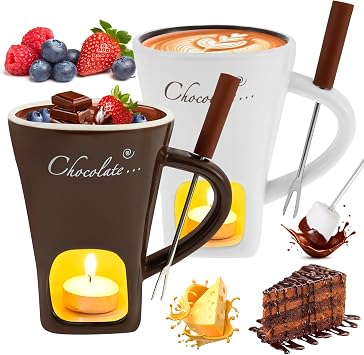 Set of 2 Ceramic Chocolate Fondue Mug with Fork Melting Pot