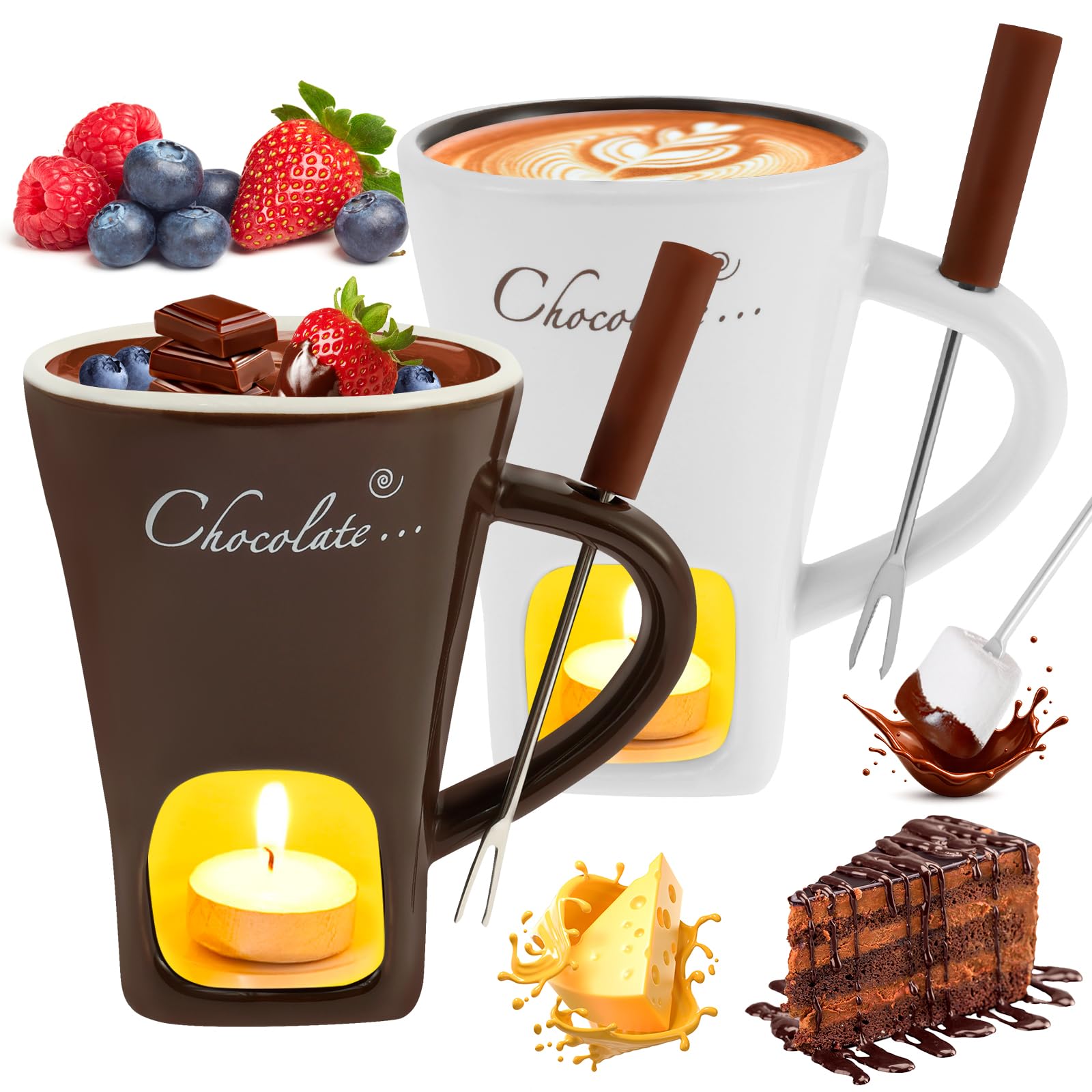 Set of 2 Ceramic Chocolate Fondue Mug with Fork Melting Pot