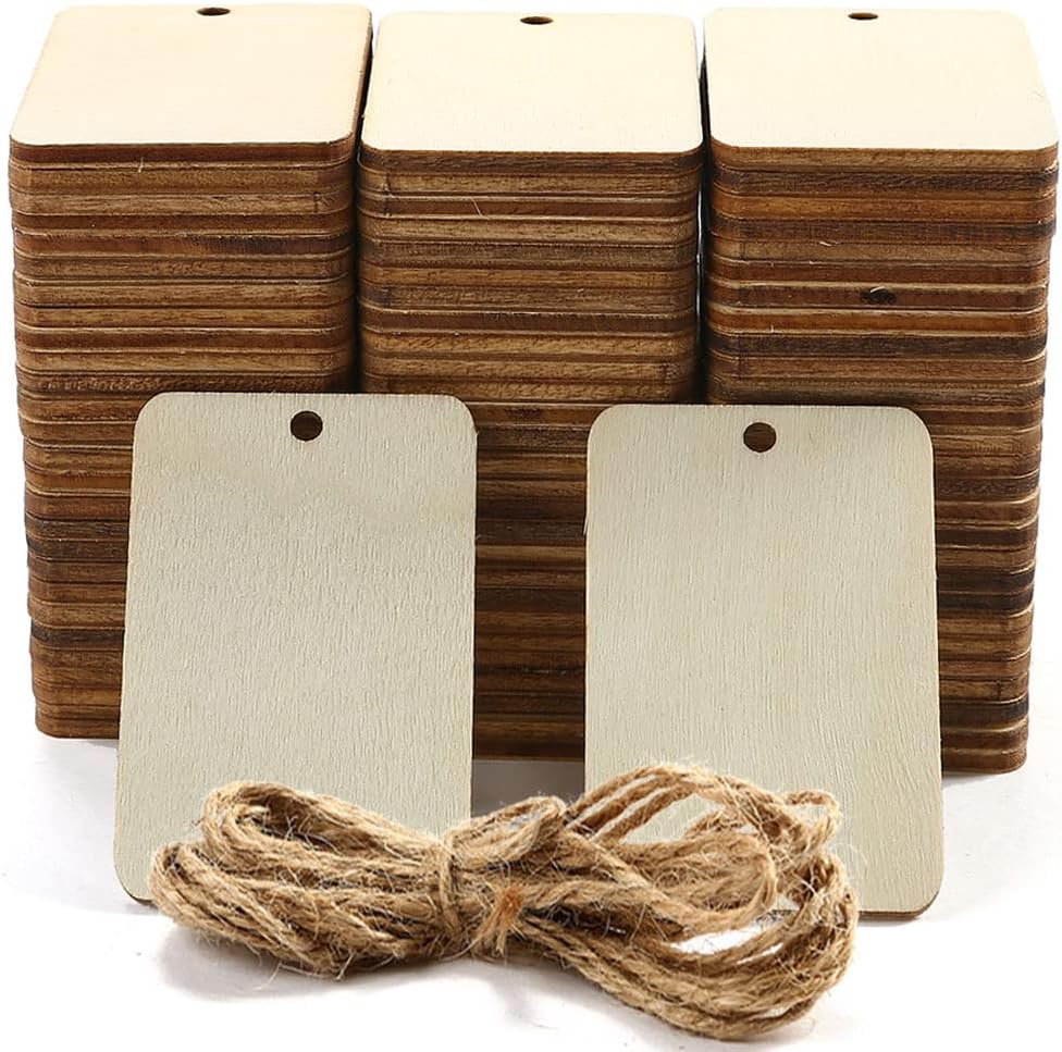115 Pcs Unfinished Wood Pieces Rectangle-Shaped, HOOMBOOM 2 x 1.3 inch Light Wooden Cutout Natural Rustic with Hemp Rope, for Holiday Craft Projects, Hanging Decorations, Painting, Staining