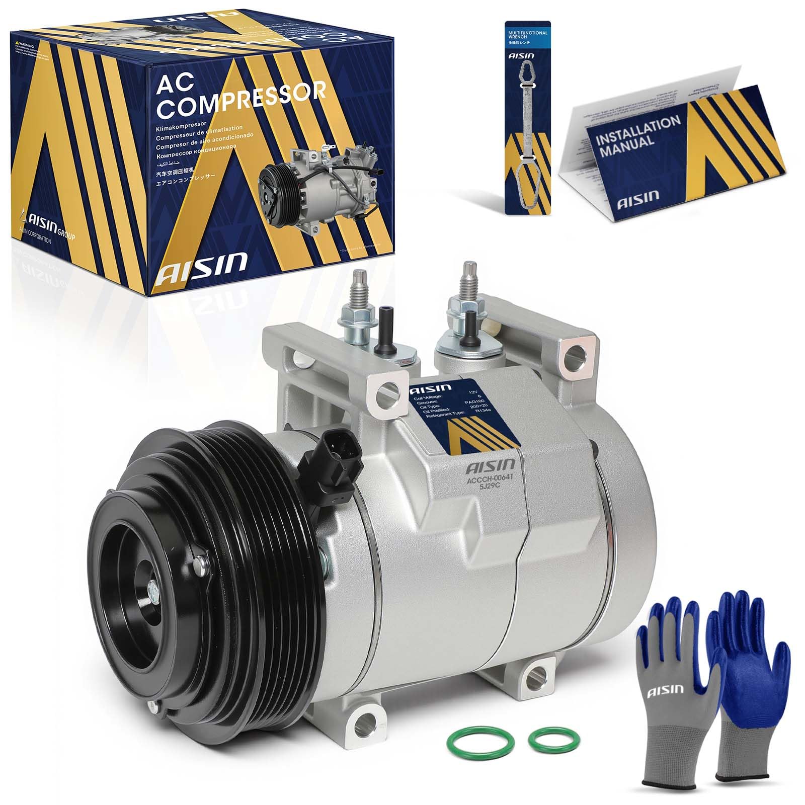 AISIN AFTERMARKET ACCCH-00641 Air Conditioner AC Compressor - Compatible with Jeep Grand Cherokee 2011-2016, Dodge Charger 2011-2013, Challenger 2011-