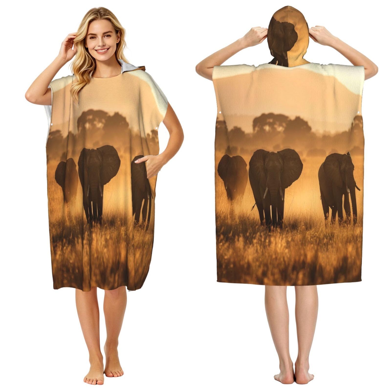 KLGRTJHK Elephants On The Grassland Adult Hooded Beach Poncho Towel 43"X35"