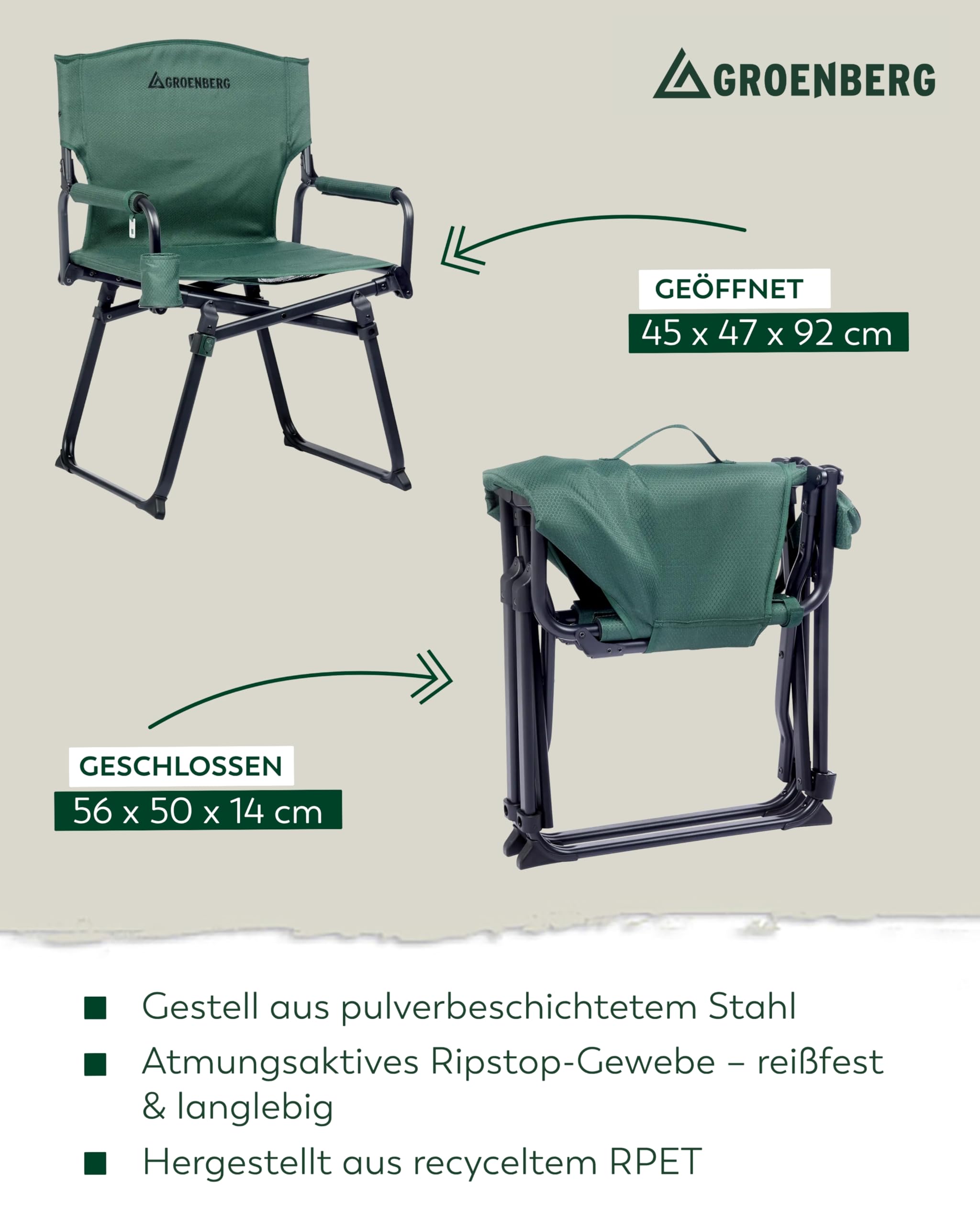 Lagom Regiestuhl I klappbarer Campingstuhl mit Armlehnen & Bambusrahmen I leicht, kompakt & belastbar bis 150 kg I ideal für Camping, Garten & Reisen