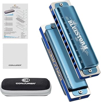 CONJURER Deluxe 10 Hole Pro Diatonic Blues Harmonica in B Key Blue
