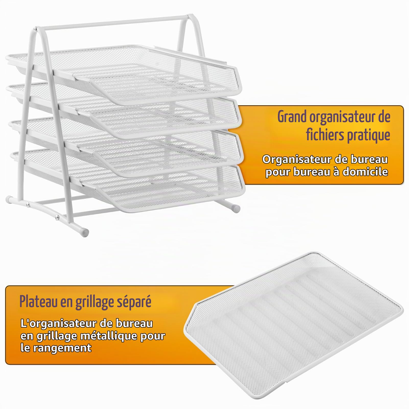 Marbrasse Organisateur de Bureau Plateau Documents,Dossier A4,Caisson de Bureau,Classeurs,Bureau d'Ordinateur,Matériau en Maille Métallique (Blanc)