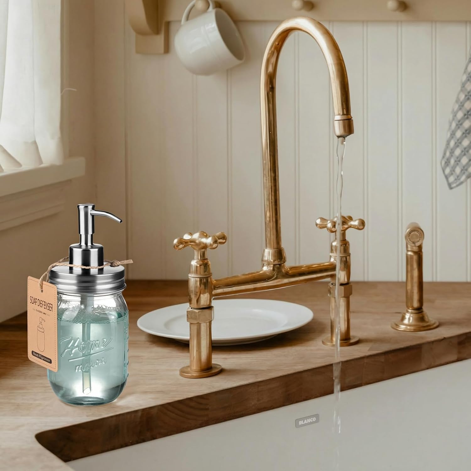 SheeChung 16 Oz Mason Jar Liquid Soap Dispenser, Glass Hand Soap Dispenser, Stainless Steel Pump Lid, Refillable Lotion Dispensers for Bathroom Countertop Kitchen (2, Brushed Nickel)