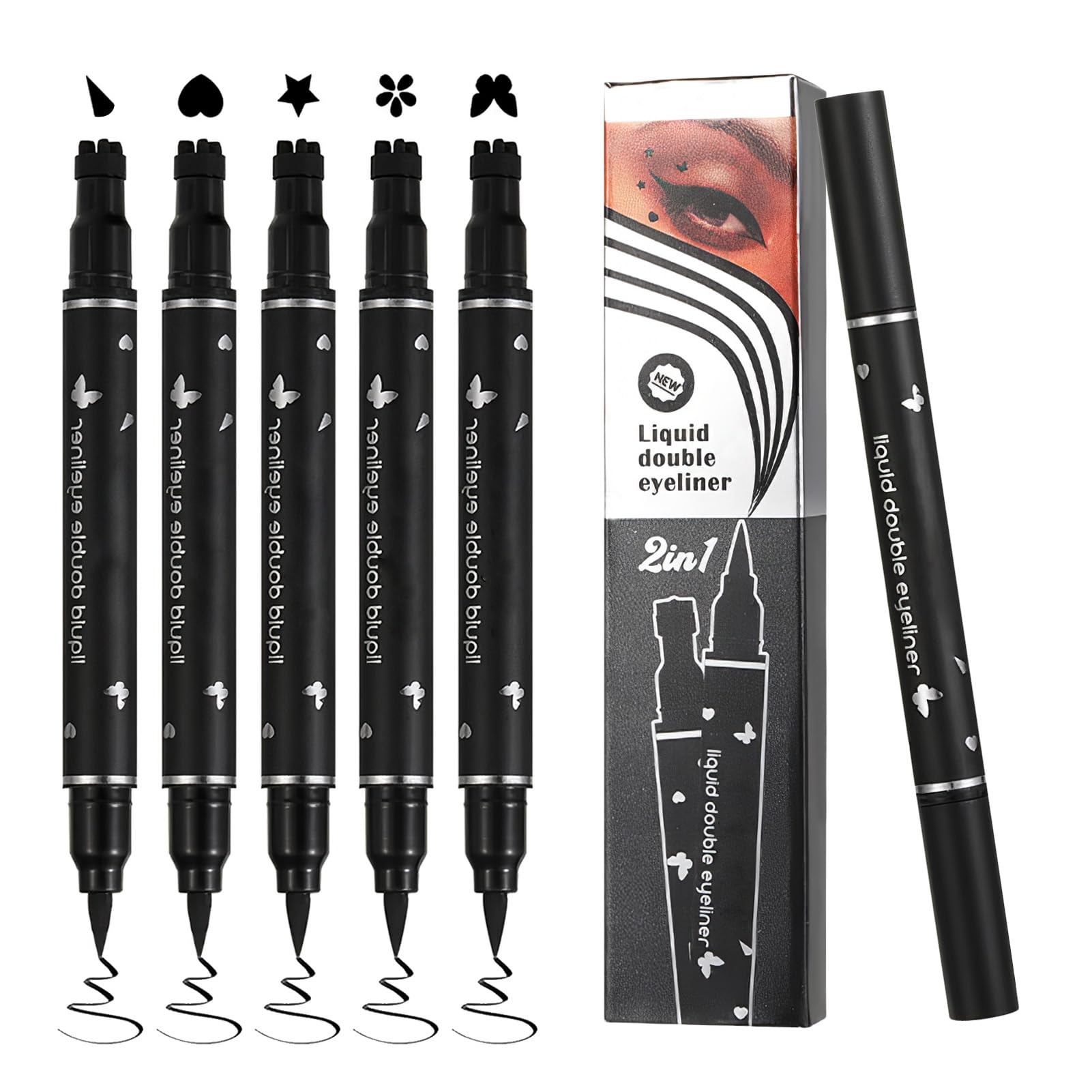 5 Piezas Eyeliner Negro, Eyeliner de Doble Punta con Sellos, Lapiz de Ojos, Delineador De Ojos Que No Se Mancha, Impermeable y Duradero, para Maquillaje Artístico