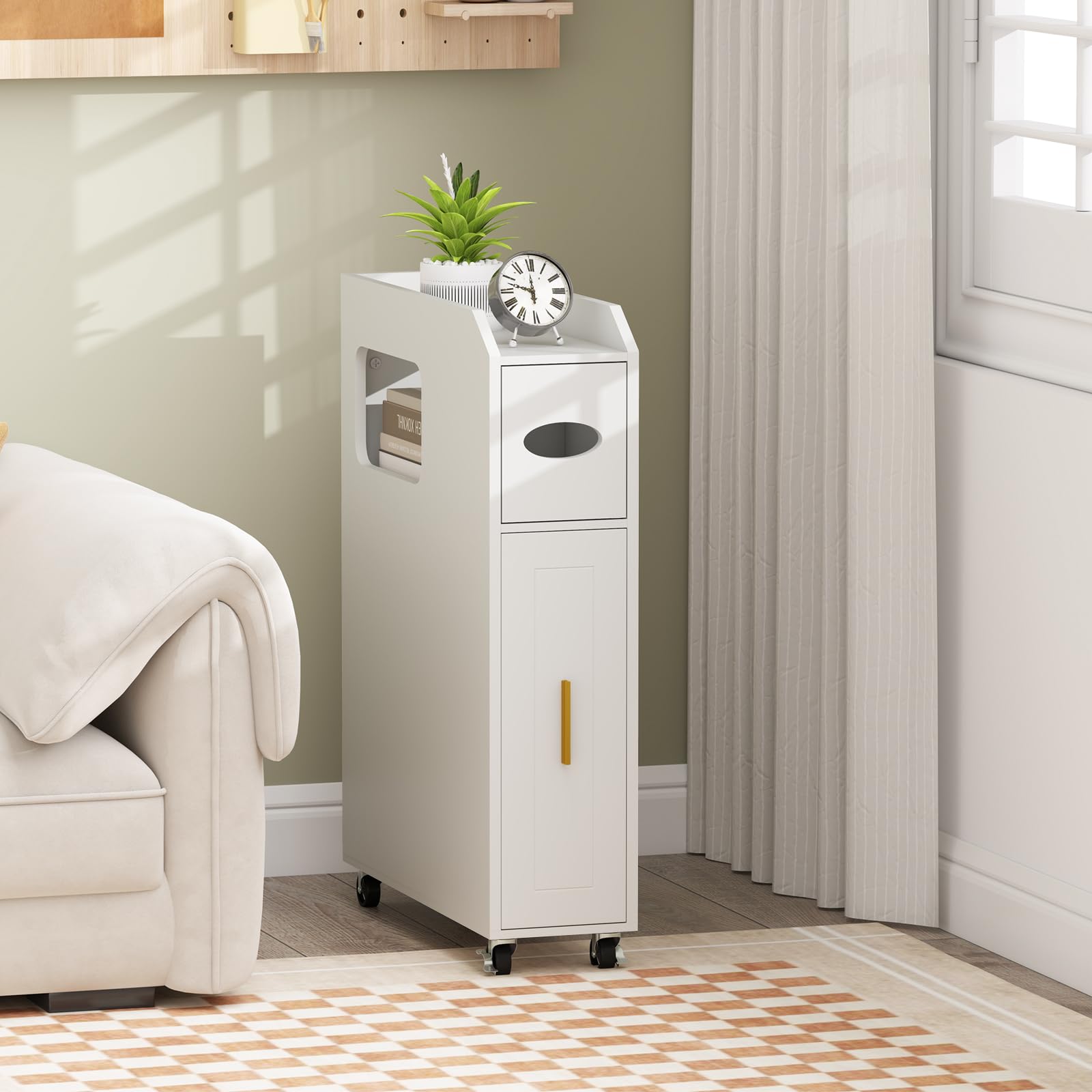 RELAX4LIFE Mobile da Bagno Stretto, Carrellino Salvaspazio con Ruote, Organizzatore Mobiletto Bagno, Porta Carta Igienica, per Spazi Ridotti, 16 x 50 x 69 cm (Bianco)