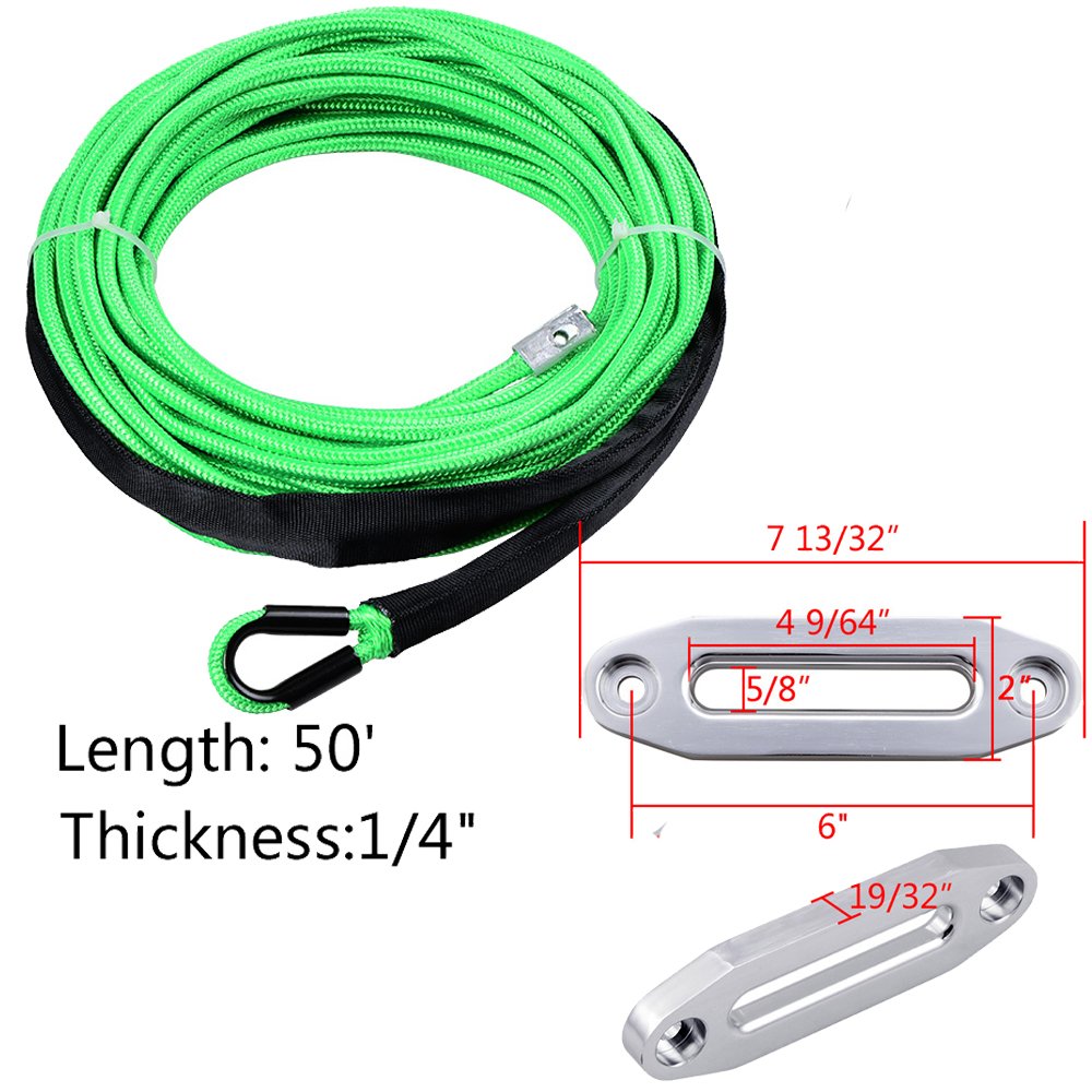 Astra Depot 50ft x 1/4 inch Green All Heat Guard Synthetic Winch Rope Cable 7000LBS w/RED Heavy Duty Half-Linked Hook + 6'' Aluminum Hawse Fairlead for Ramsey KFI ATV UTV