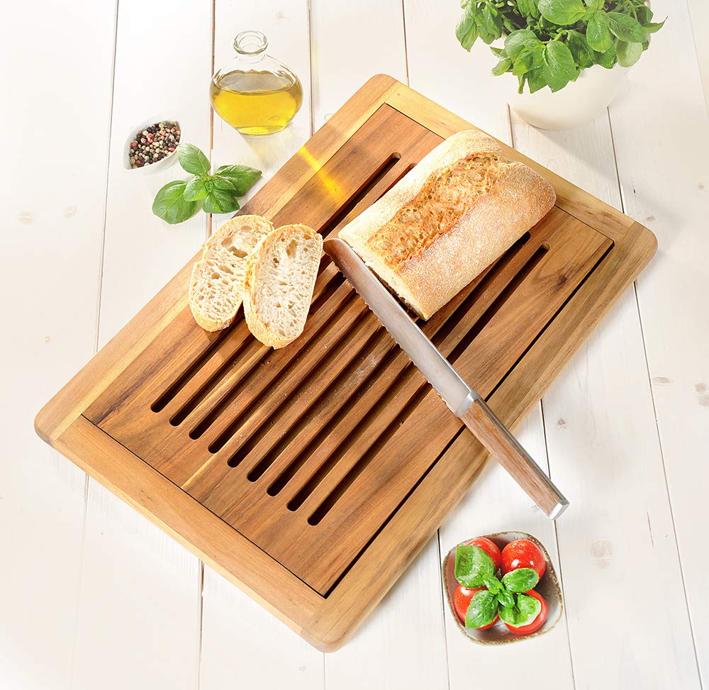 APS Broodsnijplank Rubber Wood, snijplank, broodplank, met uitneembaar kruimelvak, op 4 antislipvoetjes, 60 x 40 cm, 2 cm hoogte, hout