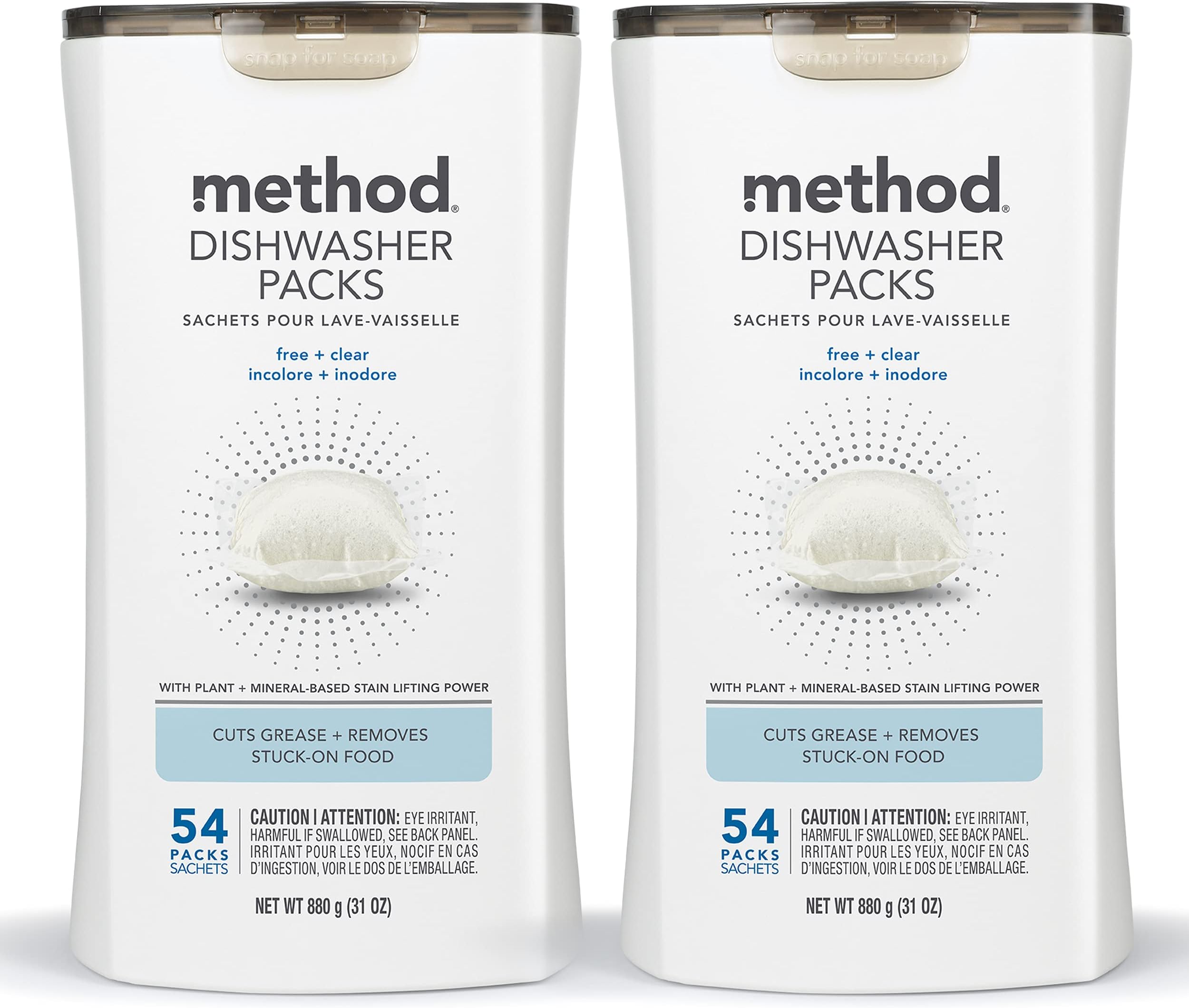 method Dishwasher Detergent Packs, Fragrance Free + Clear, 108 Tabs, 2 Pack