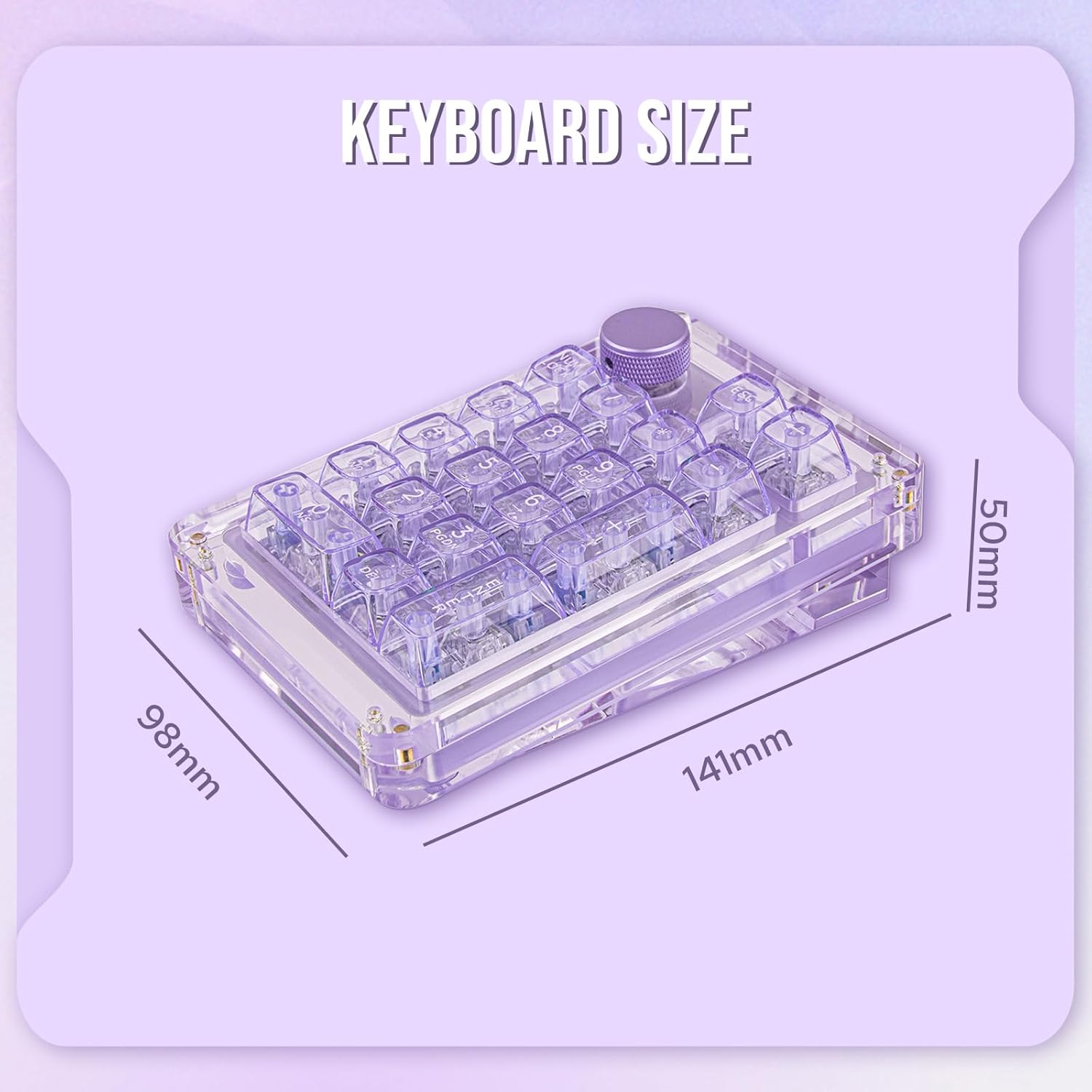 KiiBoom Phantom 21 Hot Swappable Crystal Acrylic Numpad, BT5.0/2.4GHz/USB-C Triple Mode NKRO Programmable Numeric Keypad with Knob, South-Facing RGB, 1900mAh Battery for Win/Mac (Purple)