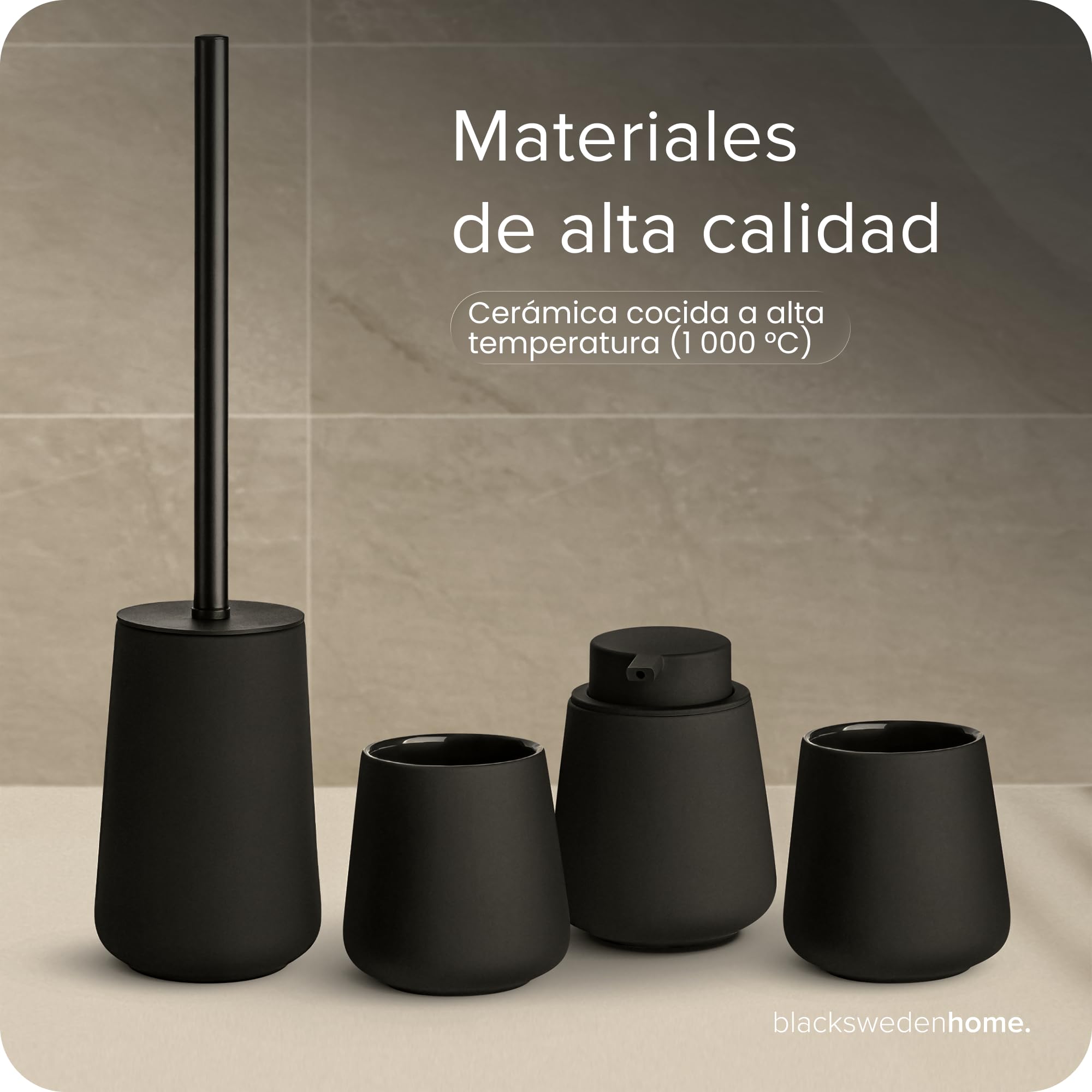 blackswedenhome. Set de Accesorios Baño - Dispensador jabon baño, 2 Vasos, Escobilla de Baño - Cerámica, Revestimiento Negro Mate, Diseño Nórdico - Decoración Baño