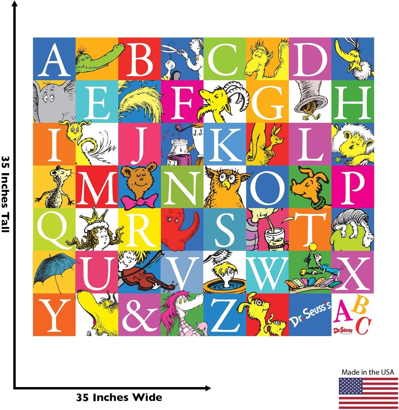 Dr. Seuss The Cat in The Hat 35" x 35" Alphabet Wall Sticker Decals, Removable Vinyl Stickers for Kids Bedroom, Playroom, Classroom Decor - Officially Licensed