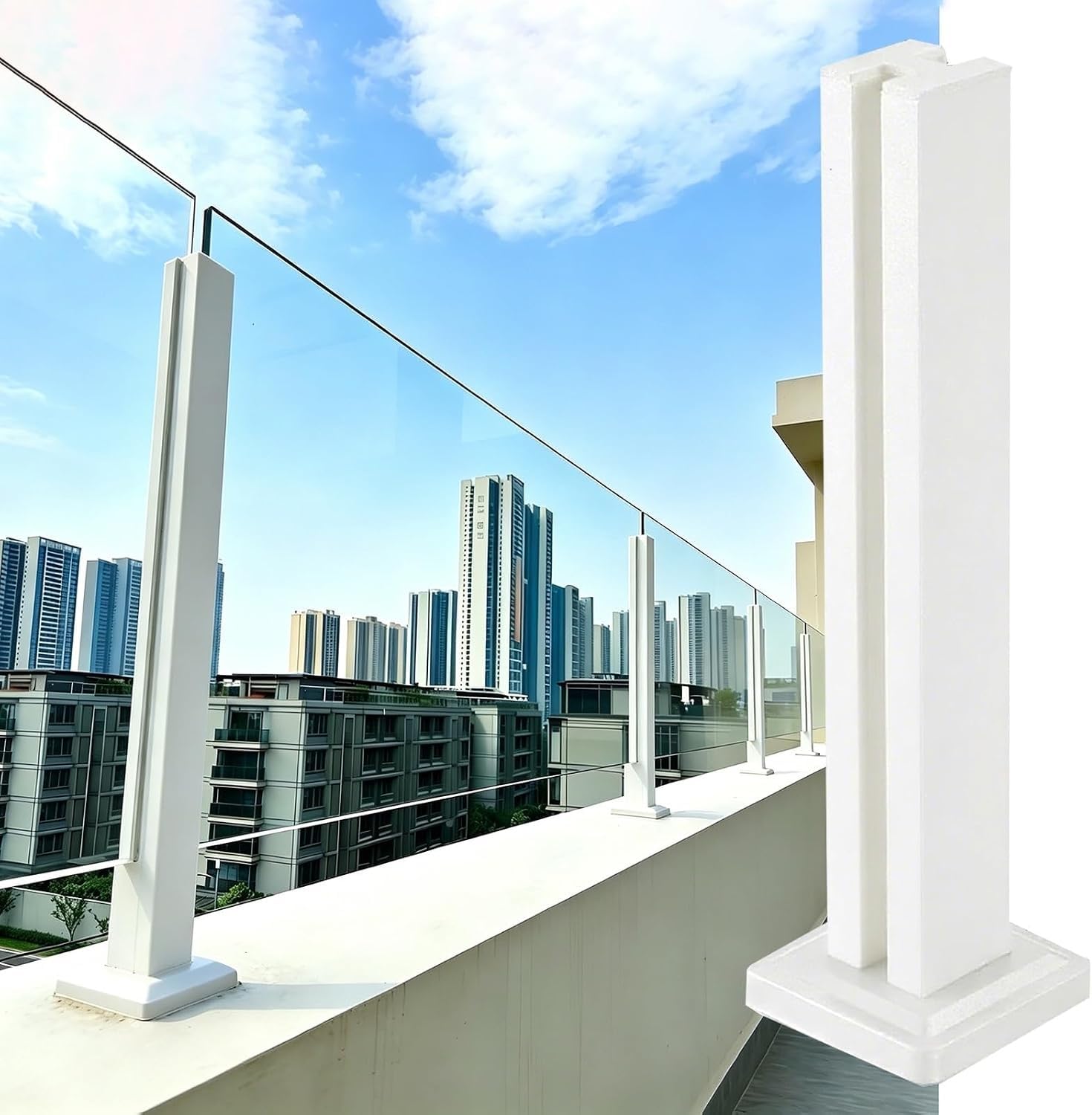 AVLLSO Balusters Handrail White Frameless Glass Railing Support Base, Square Glass Railing Post for Indoor Loft Stairway & Hallway(Mid Post,105cm/41.3 in)