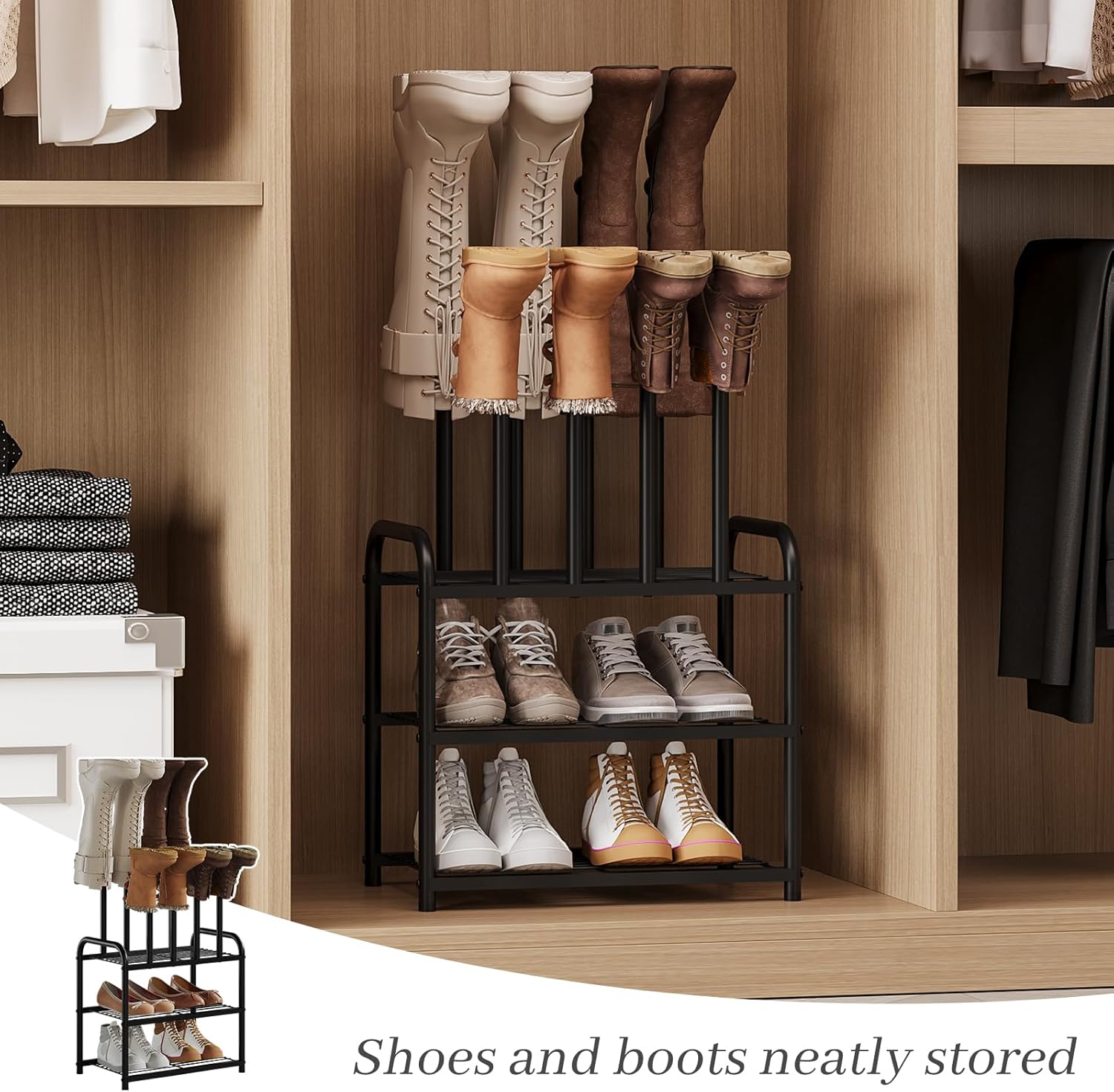 Shoe Rack - 3-Tier Metal Boot Rack Organizer for Entryway, Closet & Garage, Free Standing Shoe Shelf for Storage Tall Boots, Sneakers, Cowboy Boots, Black (Small - 4 Pairs) - Image 7