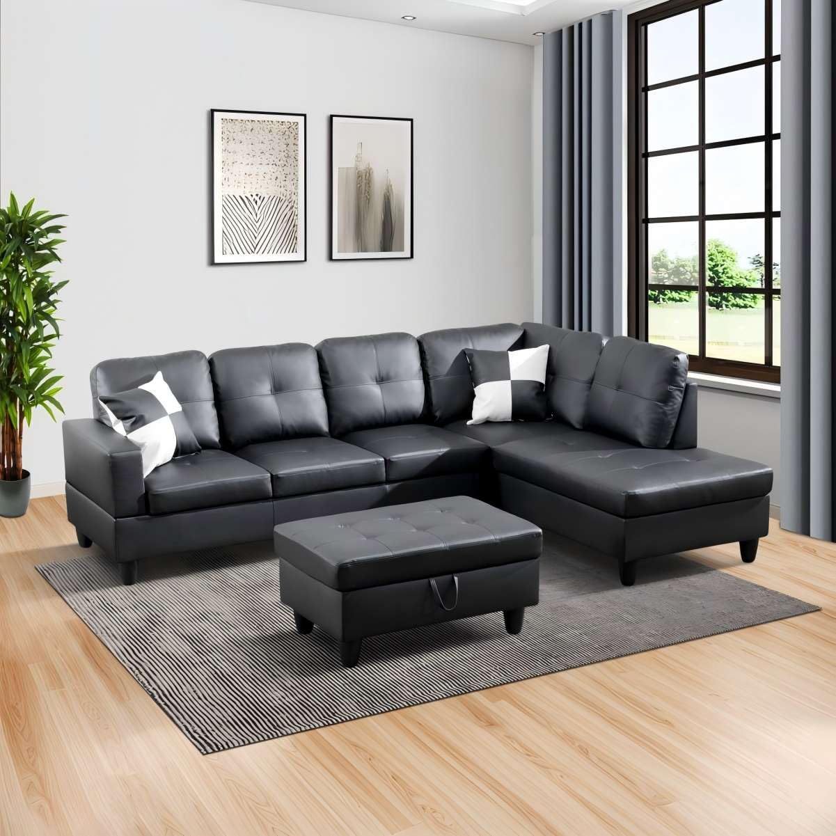 UOCFYK Black L-Shaped 3-Piece Faux Leather Sofa with Storage Ottoman Set, Sectional Couch Leather-Like Sofa Set for Living Room, Office, Small Space