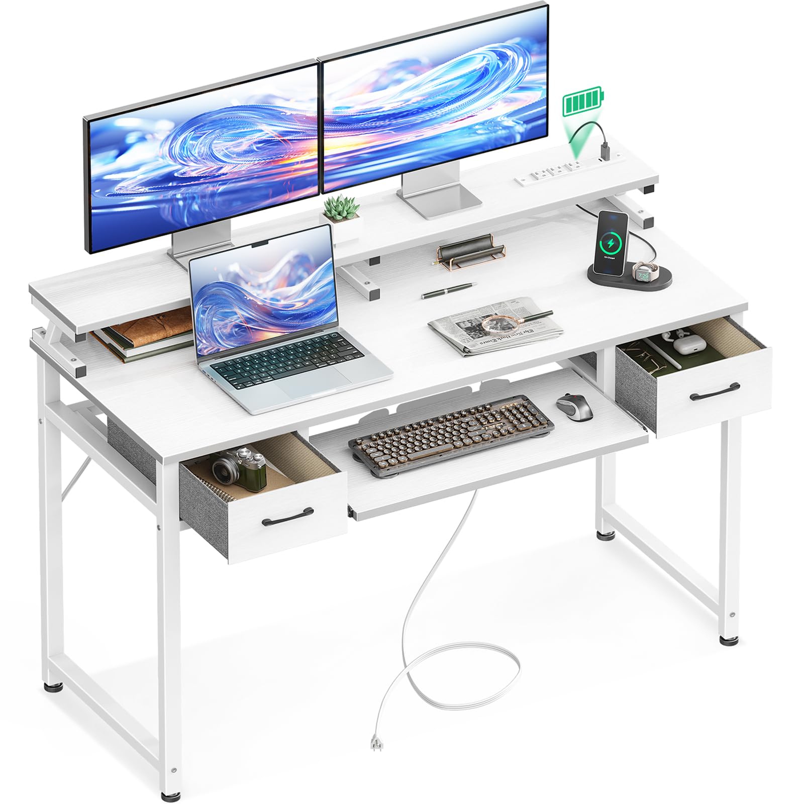 Photo 1 of ODK White Computer Desk with Drawers, 48 Inch Office Desk with Power Outlet, PC Desk with Keyboard Tray, Study Table Work Desk with Monitor Shelf, Writing Desk for Home Office, White 48 Inch White