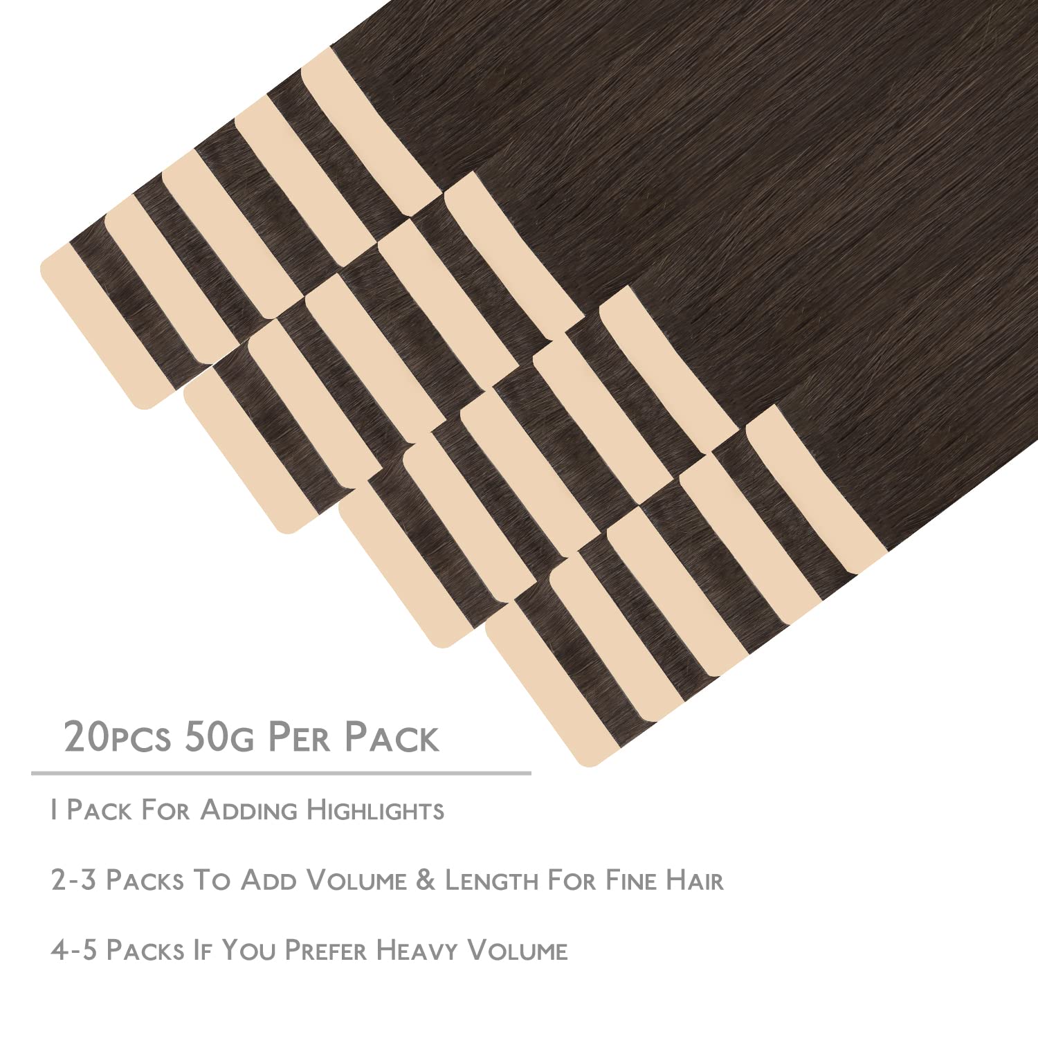 WENNALIFE Tape-In Real Hair Extensions, Real Hair, Pack of 20, 50 g, 35 cm / 14 Inches, Light Dark Brown, Remy - Image 2