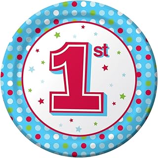 1st Blue Dots Round Dessert Plates, 8ct, Boys Birthday Party Supplies and Decor