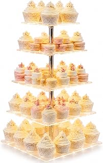 Cupcake Stand, Elegant Cupcake Holder with Brighter Yellow LED String Light, Clear 5-Tier Square Acrylic Cupcake Tower for Wedding, Birthday, Baby Shower, Party (Yellow light)