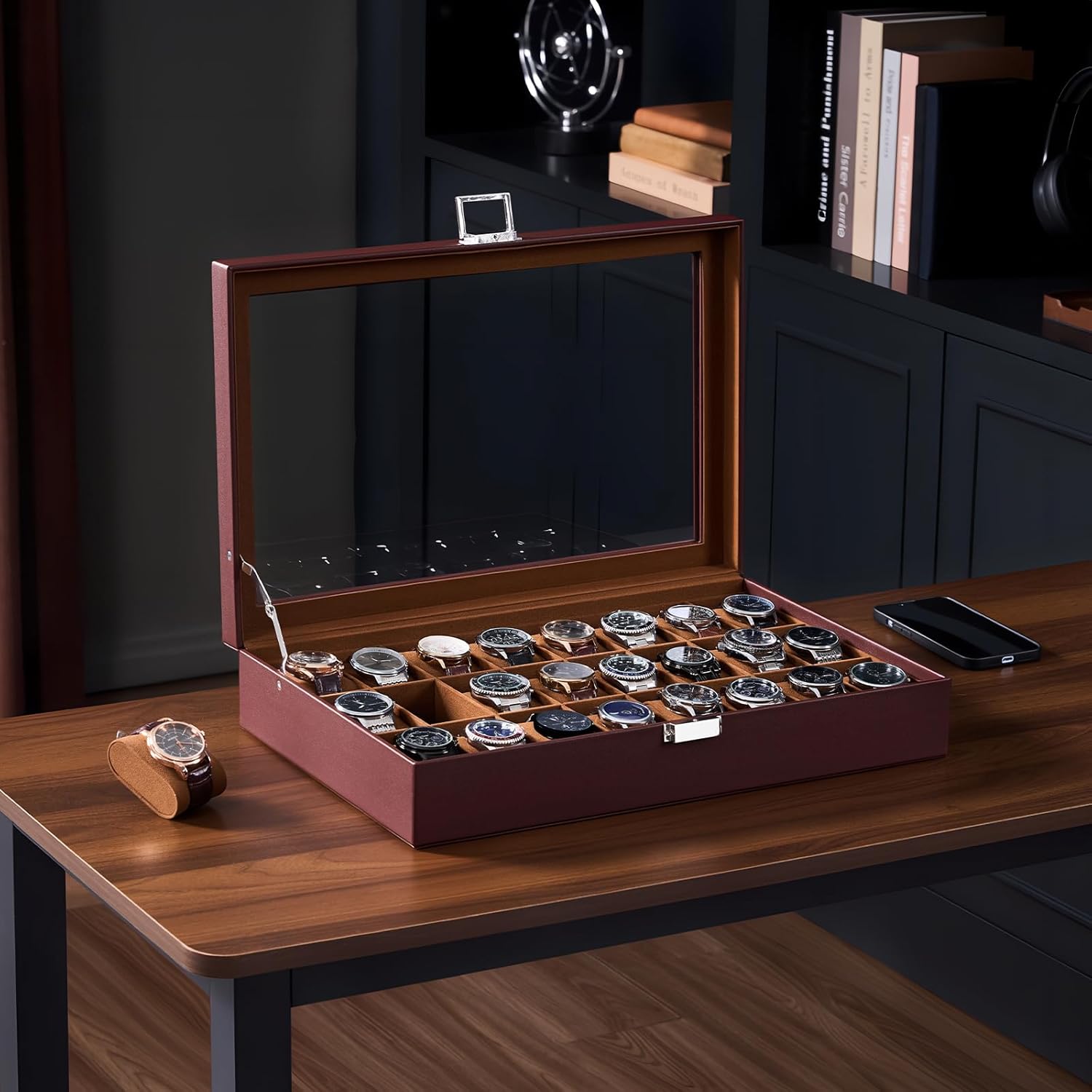 ProCase Watch Box for Men, 24 Slot Display Case with Real Glass Lid and Removable Pillows, Premium Storage Holder Organizer for Watch Collectors Valentine's Day -24 Slot, Dark Brown