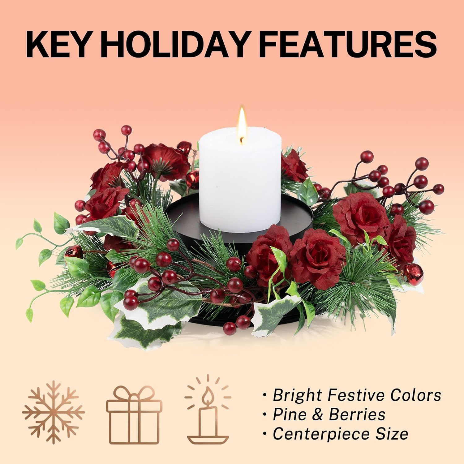 MOYEE Winter Christmas Candle Holder Centerpieces for Tables,Candle Ring, Black Metal Candlestick with an Artificial Wreath 14 in Versatile Dining Table Centrepiece (Rose Wreath)