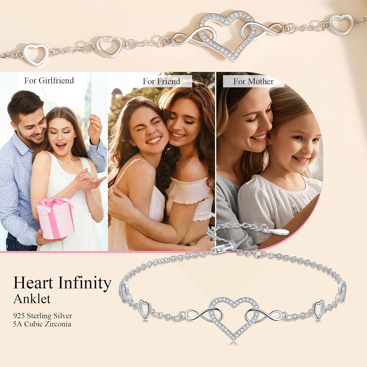 Christmas Gifts for Women, Infinity Heart Symbol 925 Sterling Silver Adjustable Anklets for Women with Cubic Zirconia/Gemstones, Endless Love Jewelry Gifts for Her - Image 7