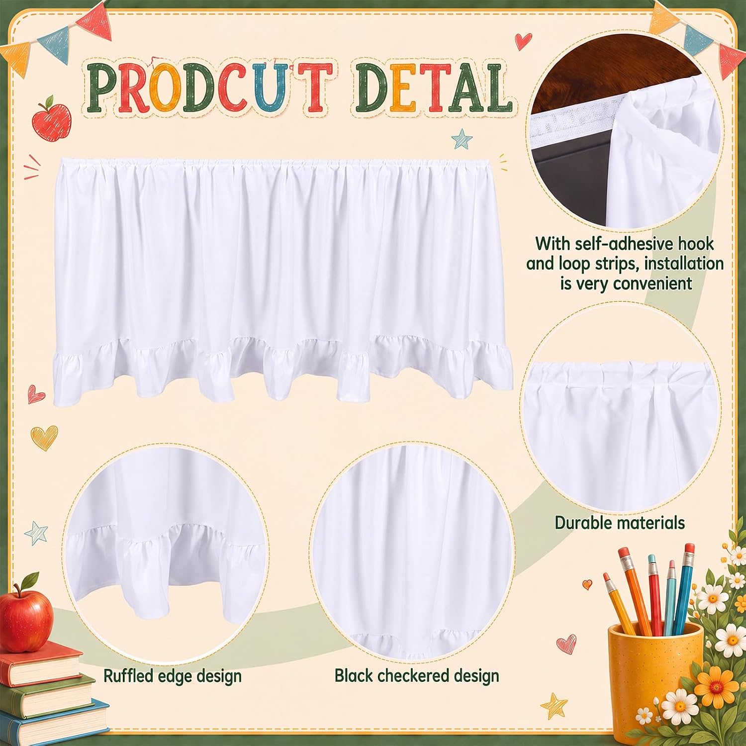 Gilprop 6ft White Cotton and Linen Table Skirt for Teacher Classroom Desk