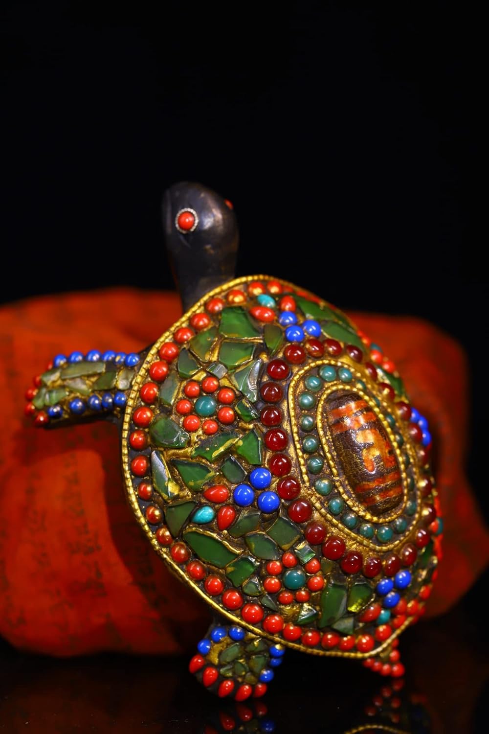 5" Tibetan Temple Collection Old Bronze Mosaic gem Dzi Beads Arabic Numerals Longevity Turtle Gather Fortune Dharma Town House Exorcism