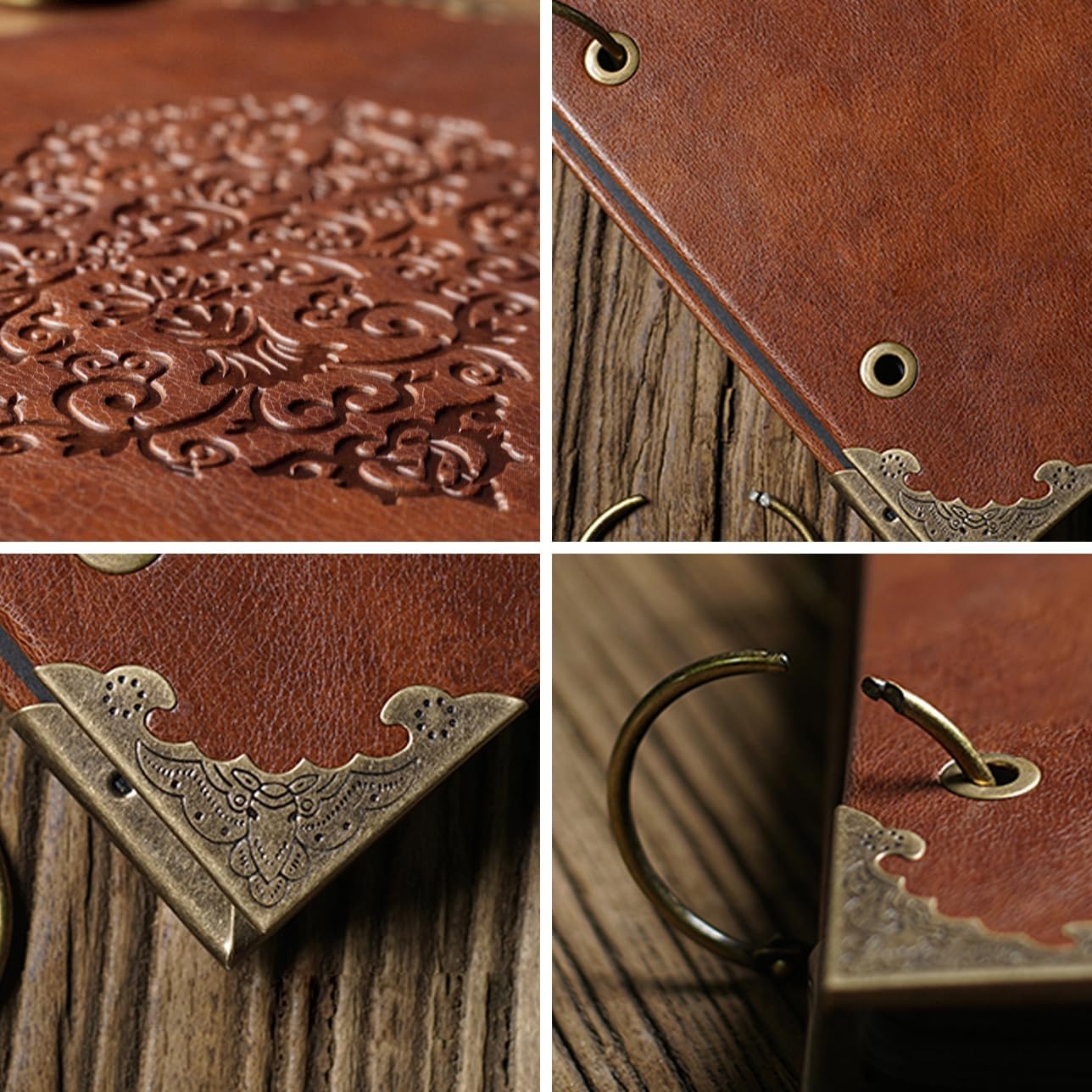 Photo Album or DIY Scrapbook (10x10 inch 50 Pages Double Sided), Vintage Leather Cover Three-Ring Binder Picture Booth Albums with 9 Colors 408pcs Self Adhesive Photos Corners for Memory Keep - Image 3