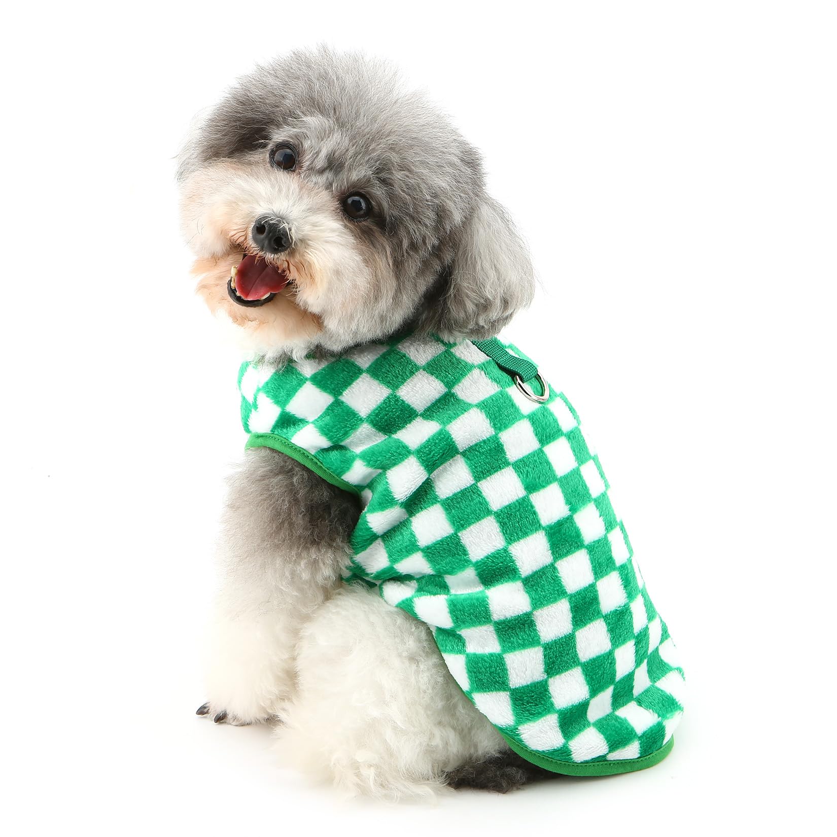 Ranphy Pet Checkered Fleece Sweatshirt for Small Dog Puppy Sleeveless Vest Pullover Jumper Yorkie Chihuahua Autumn Winter Clothes with Leash Ring Cat Clothing,Green,S - Image 4