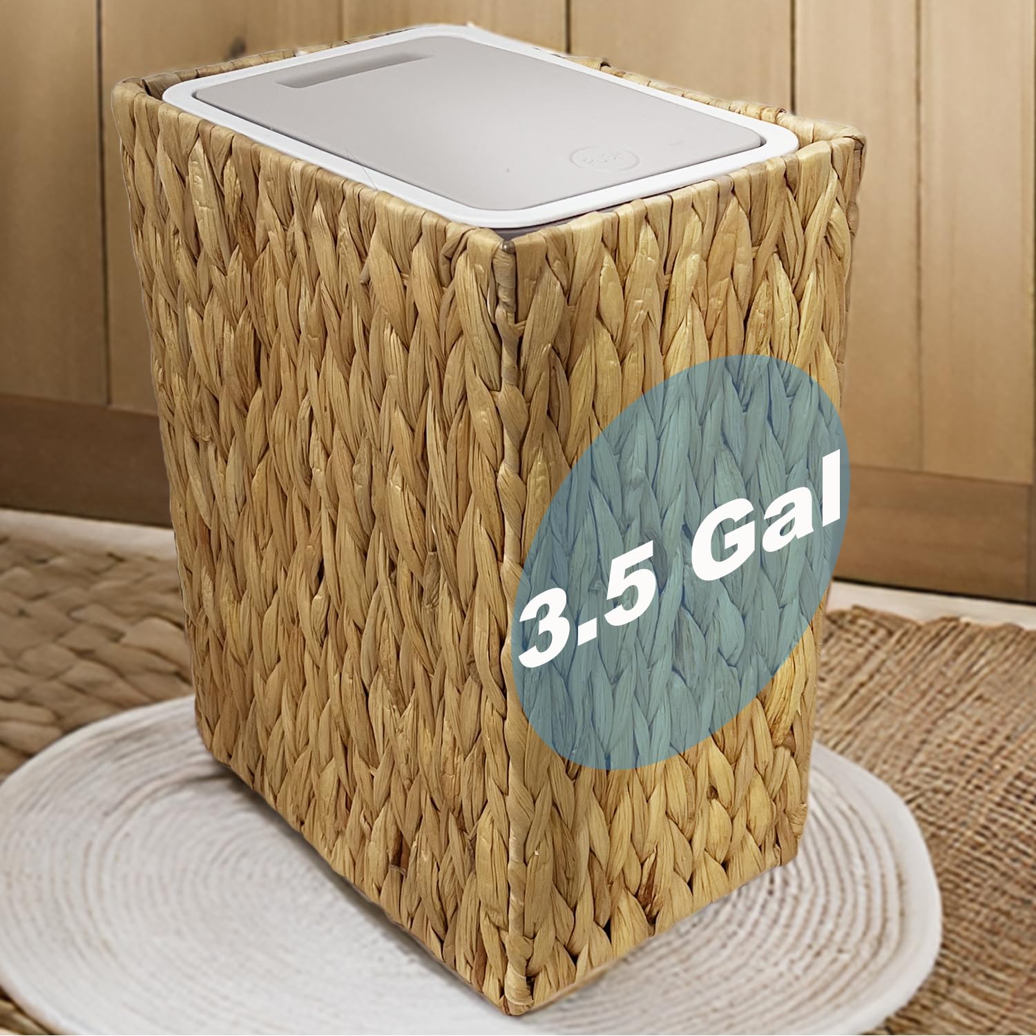 Yatmung Wicker Trash Can with Lid - Bathroom Trash Can with Lid - 3.5 Gallon Rattan Trash Bin - Woven Trash Cans - Waste Basket for Bedroom, Living Room, Office - Press Top - Boho Bathroom Garbage Can