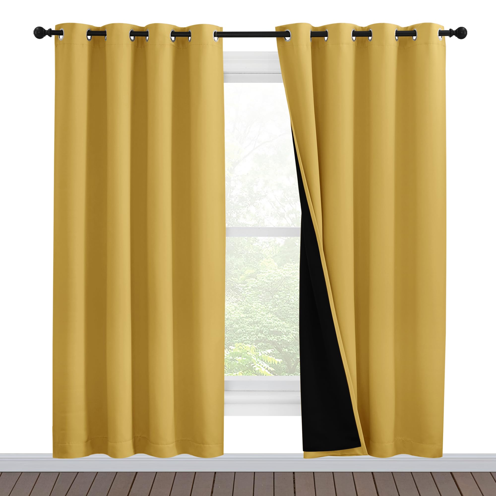 NICETOWN Bright Yellow Full Shade Curtain Panels, Pair of Energy Smart &amp; Noise Blocking Out Blackout Drapes for Dining Room Window, Thermal Insulated Guest Room Lined Window Dressing, 55 x 78 inch